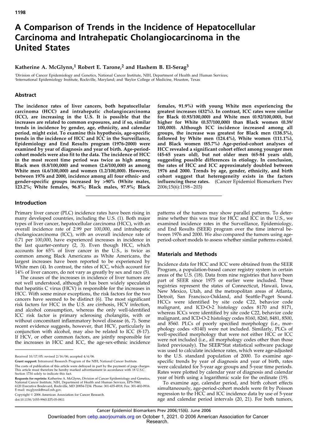 A Comparison of Trends in the Incidence of Hepatocellular Carcinoma and Intrahepatic Cholangiocarcinoma in the United States