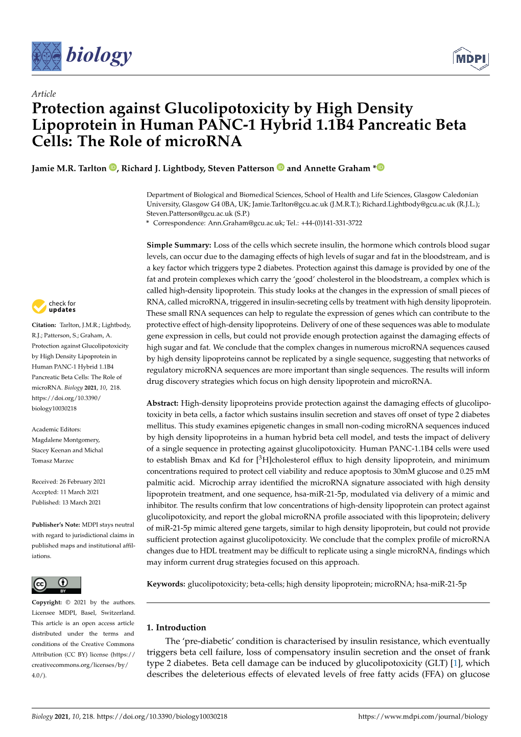 Protection Against Glucolipotoxicity by High Density Lipoprotein in Human PANC-1 Hybrid 1.1B4 Pancreatic Beta Cells: the Role of Microrna