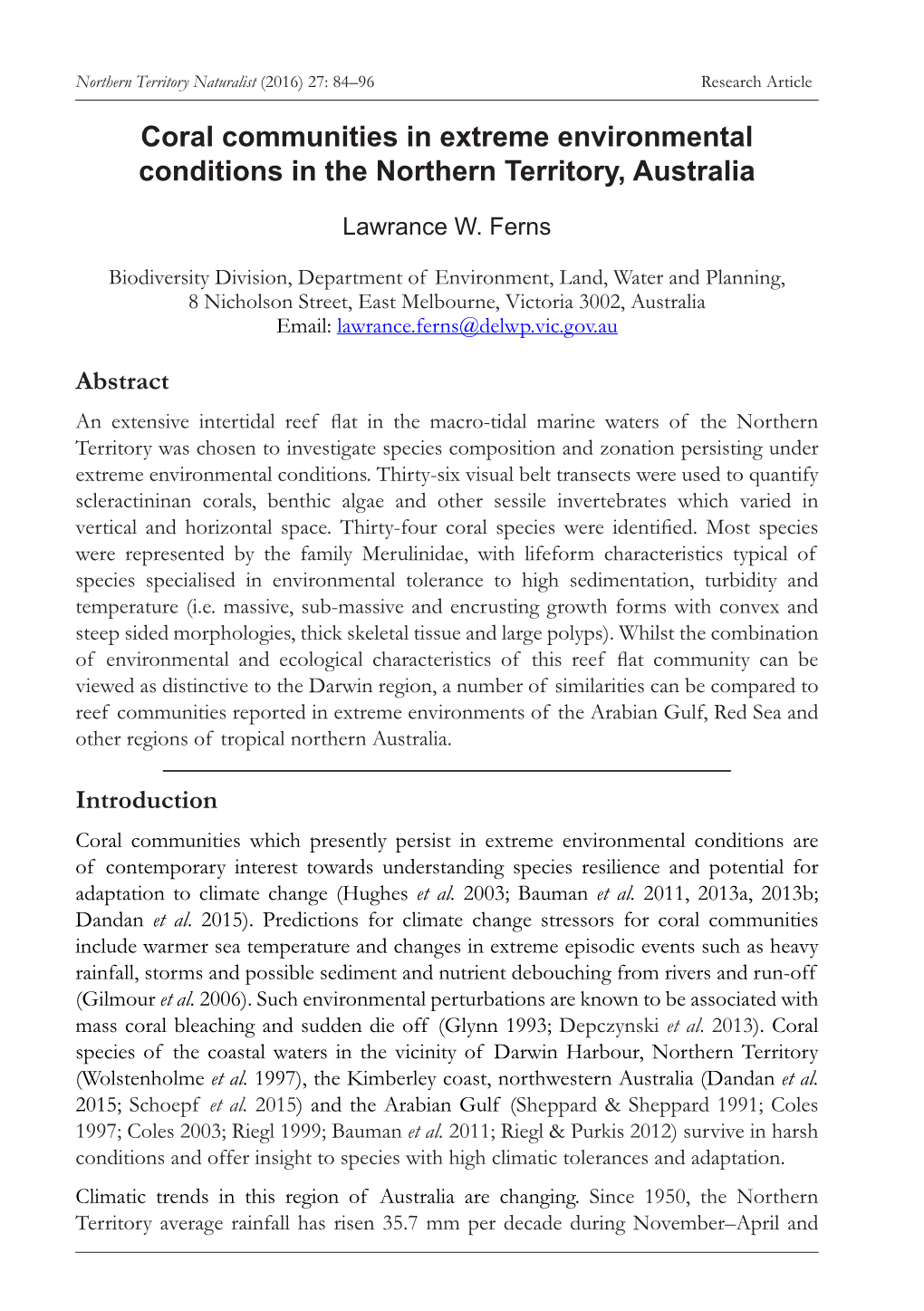 Coral Communities in Extreme Environmental Conditions in the Northern Territory, Australia