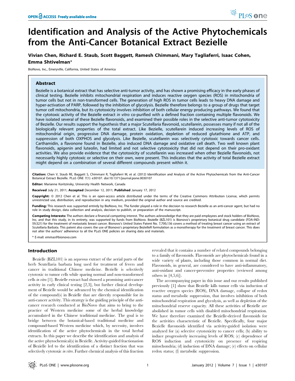 Identification and Analysis of the Active Phytochemicals from the Anti-Cancer Botanical Extract Bezielle