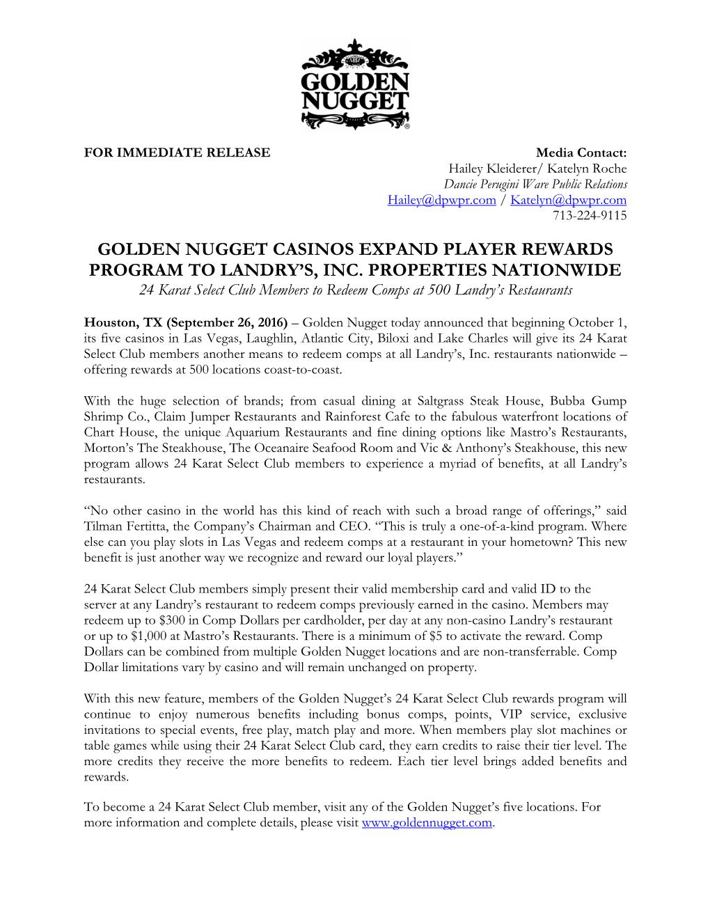 Golden Nugget Casinos Expand Player Rewards Program to Landry's, Inc. Properties Nationwide