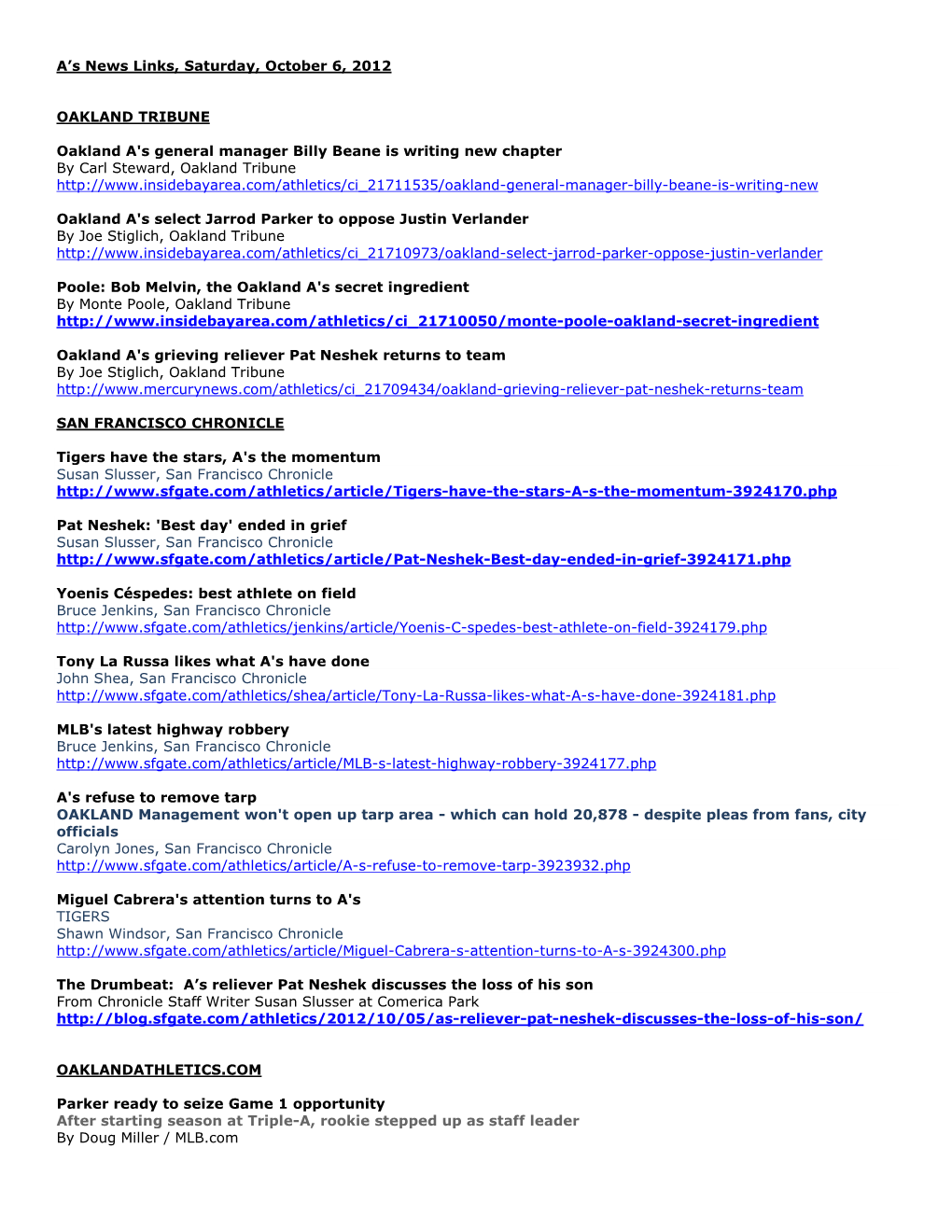 10-06-2012 A's News Links