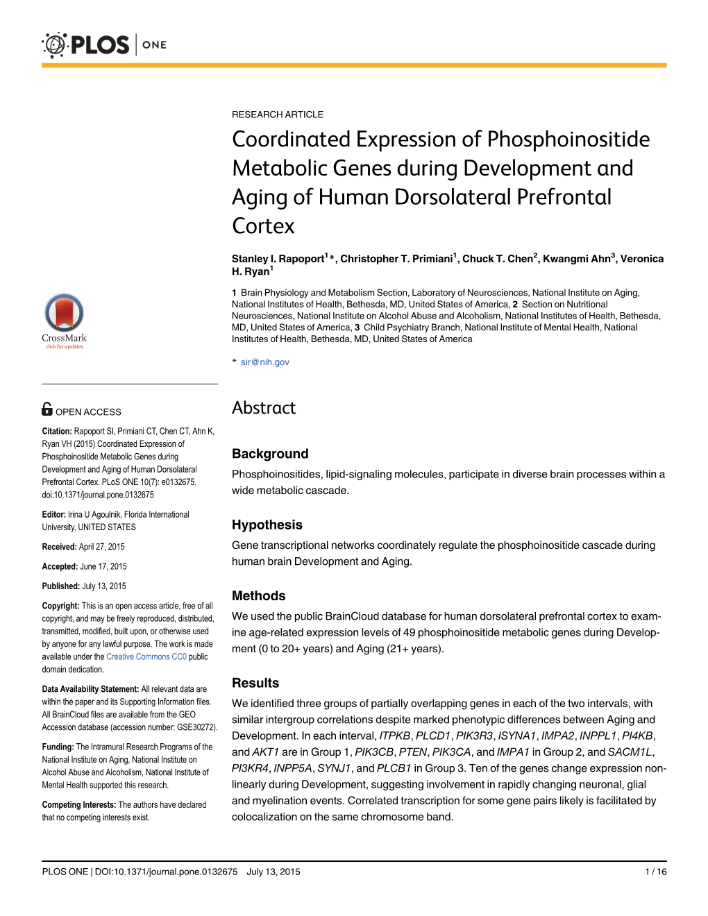 Coordinated Expression of Phosphoinositide Metabolic Genes During Development and Aging of Human Dorsolateral Prefrontal Cortex