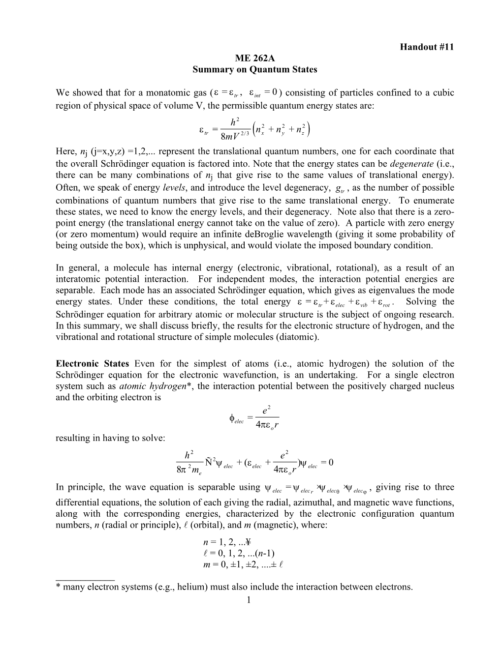 1 Handout #11 ME 262A Summary on Quantum States We Showed That For