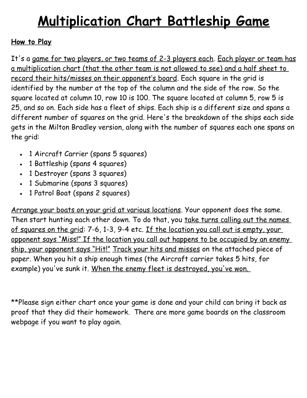 Multiplication Chart Battleship Game