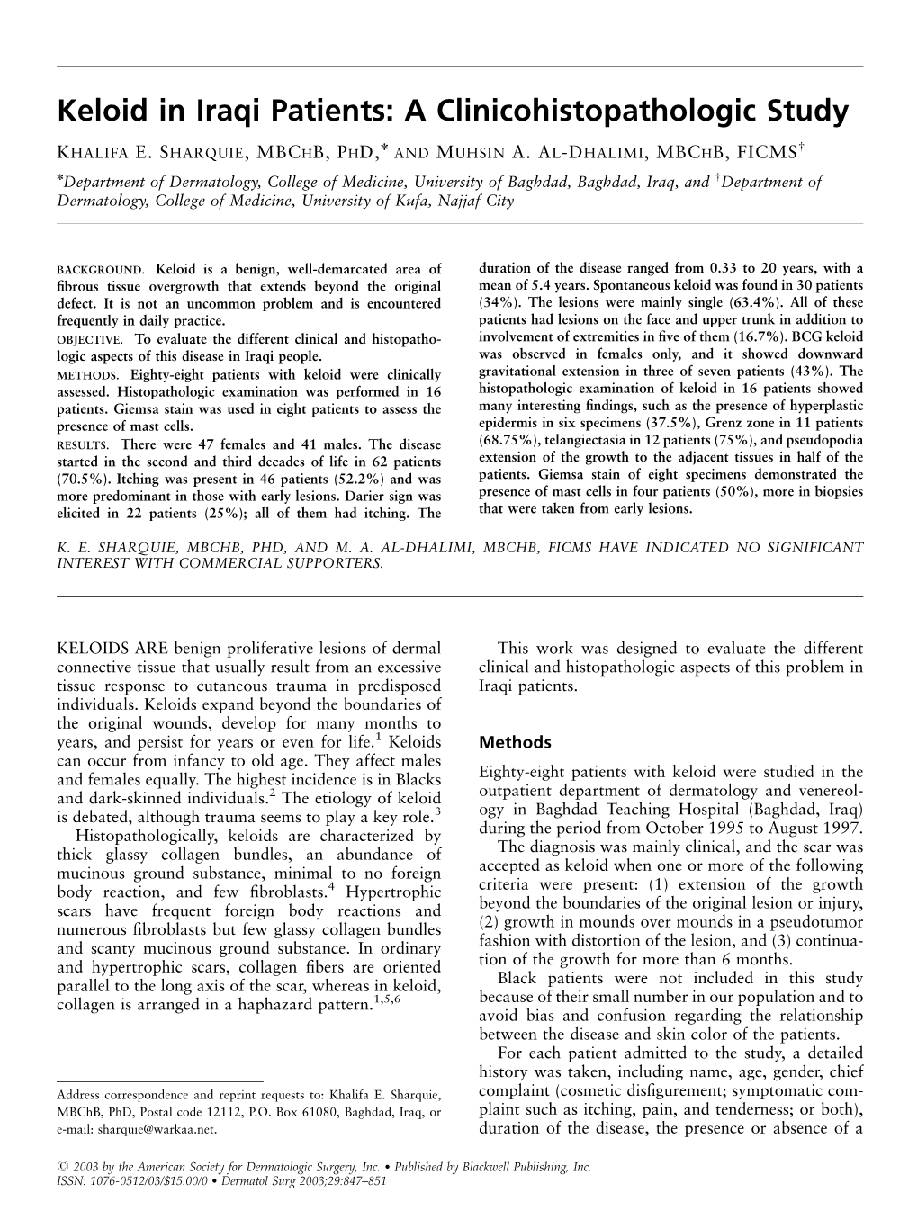 Keloid in Iraqi Patients: a Clinicohistopathologic Study