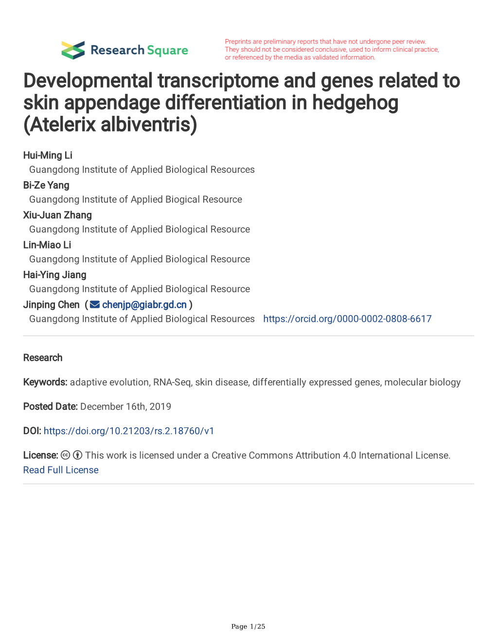 Developmental Transcriptome and Genes Related to Skin Appendage Differentiation in Hedgehog (Atelerix Albiventris)