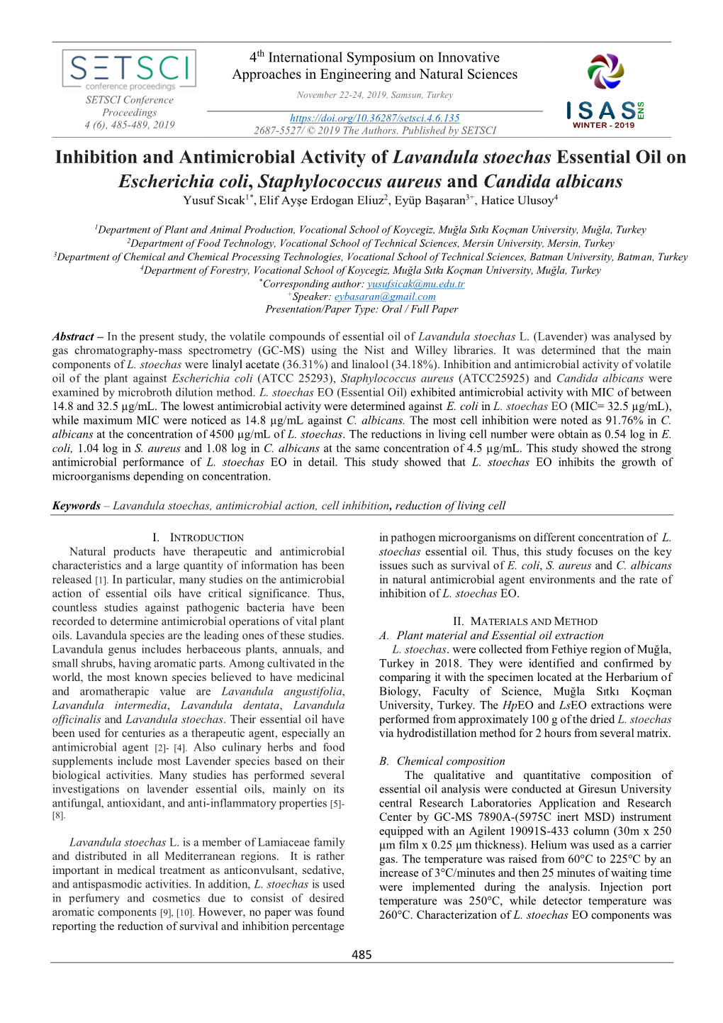 Inhibition and Antimicrobial Activity of Lavandula Stoechas Essential Oil