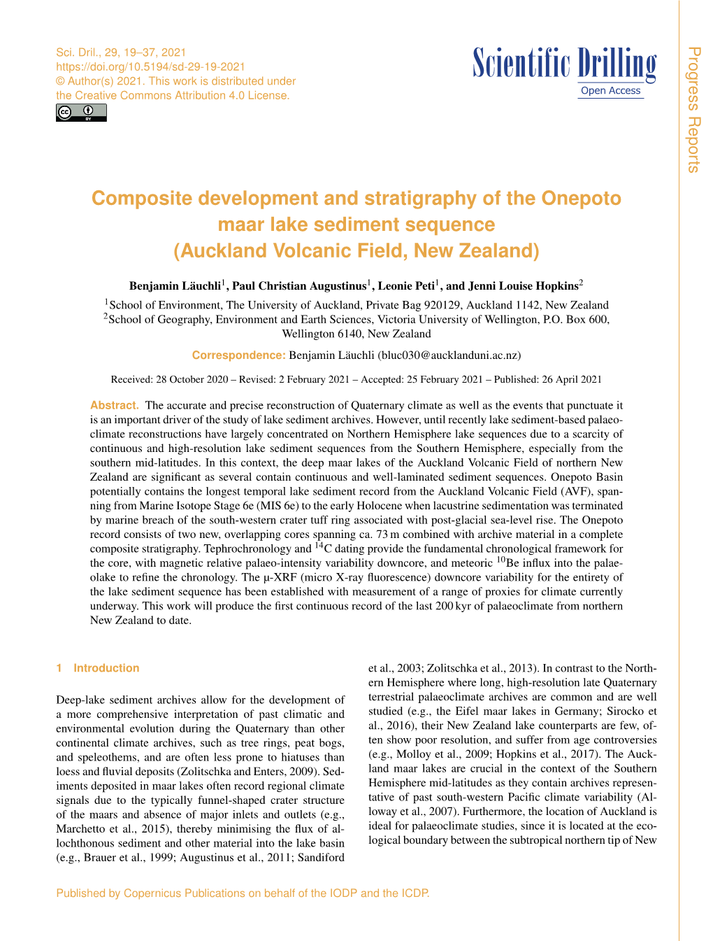 Composite Development and Stratigraphy of the Onepoto Maar Lake Sediment Sequence (Auckland Volcanic Field, New Zealand)