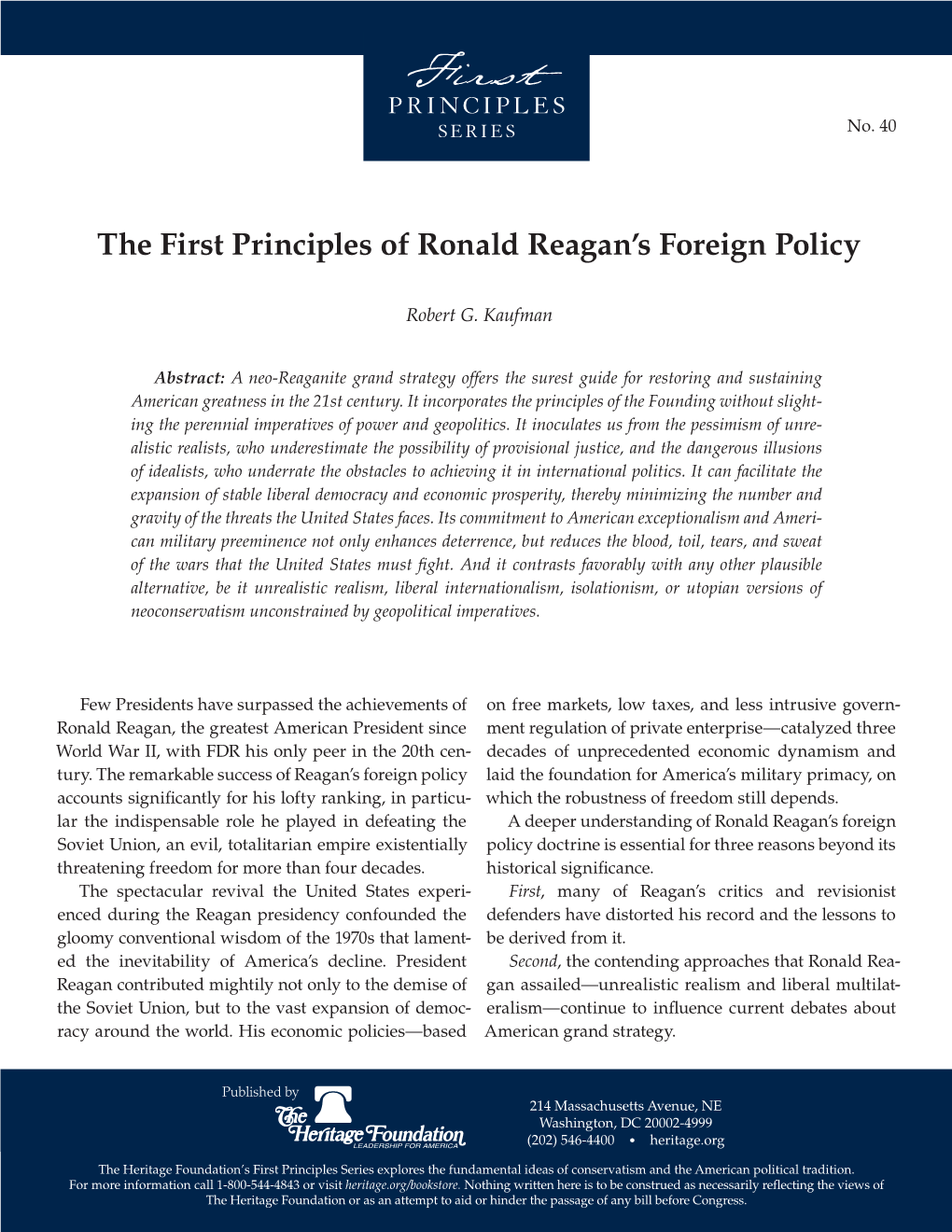 The First Principles of Ronald Reagan's Foreign Policy