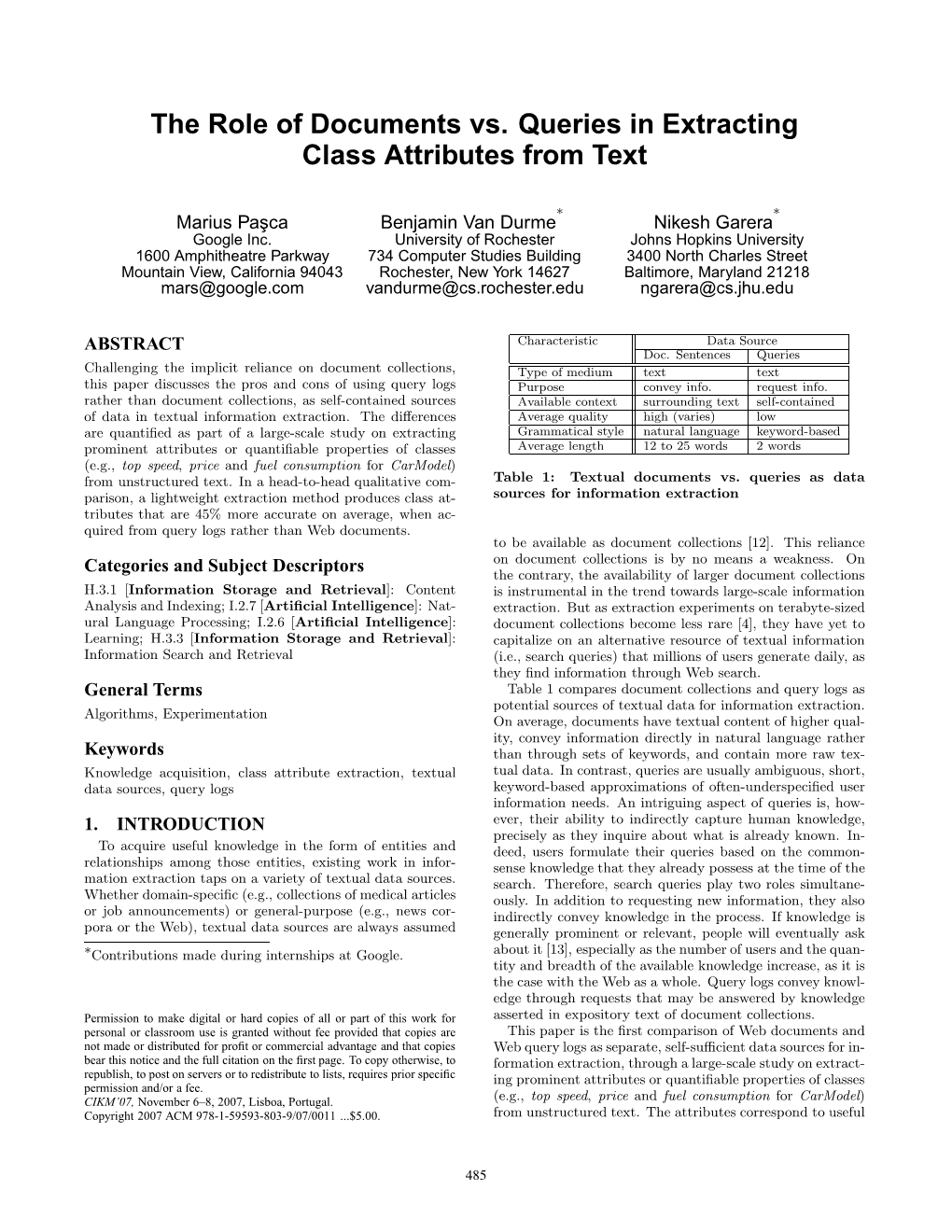 The Role of Documents Vs. Queries in Extracting Class Attributes from Text