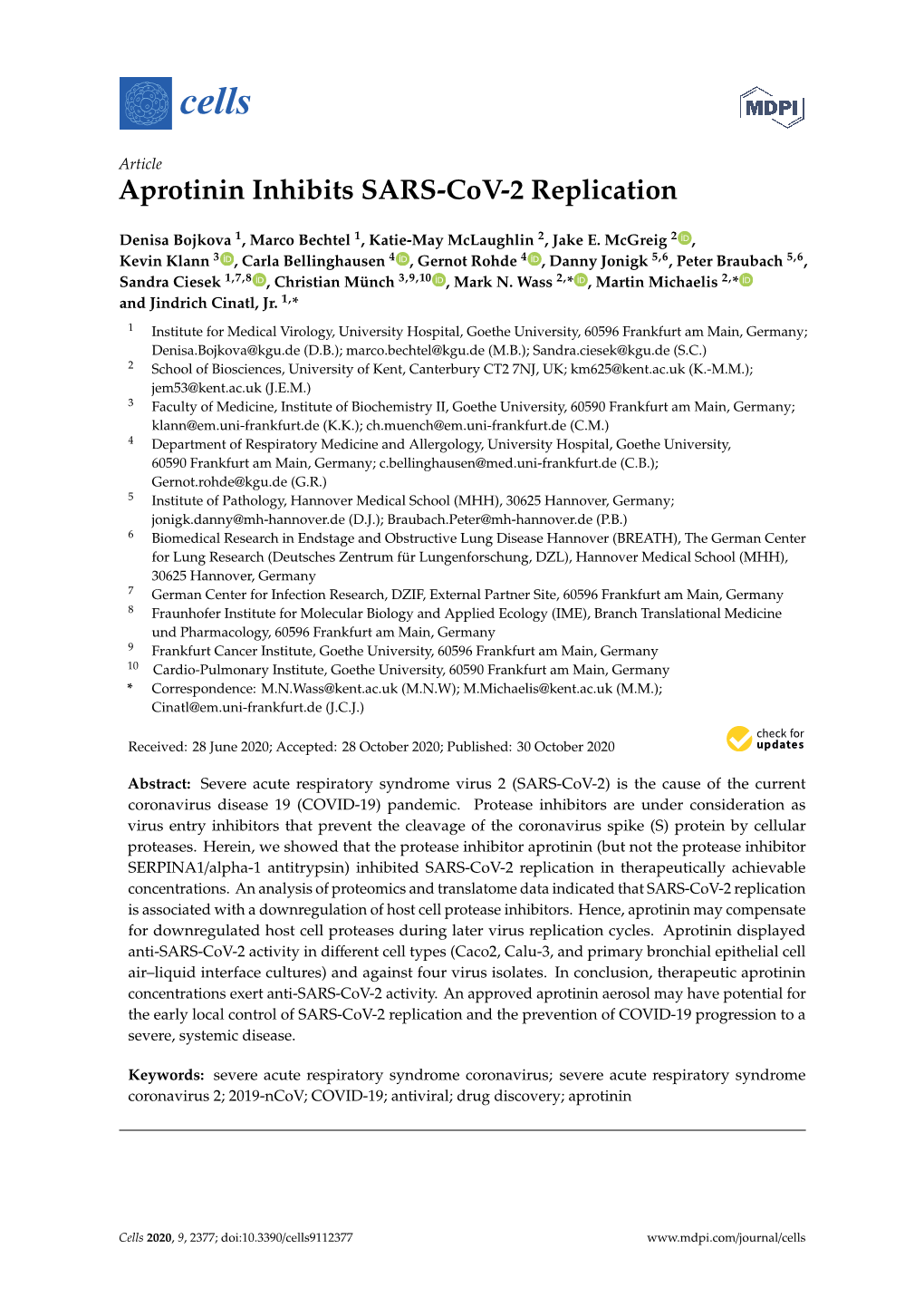 Aprotinin Inhibits SARS-Cov-2 Replication