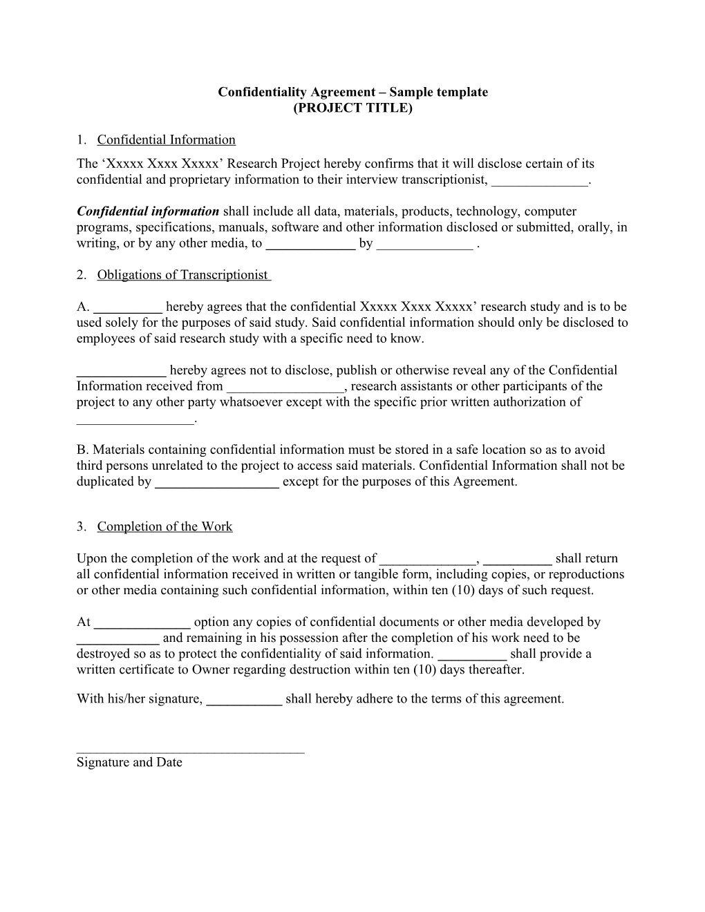 Confidentiality Agreement Sample Template