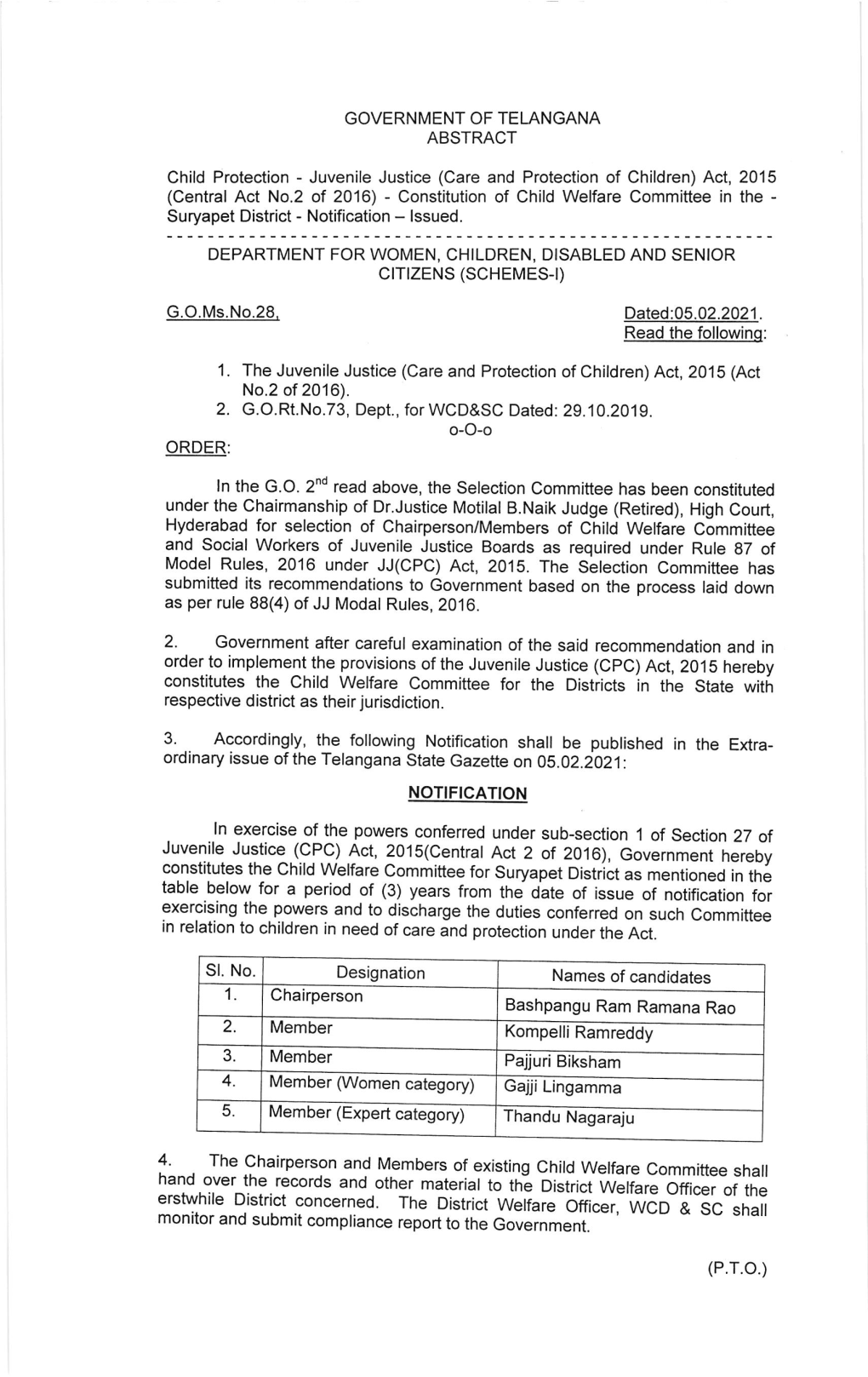 Constitutes the Child Welfare Committee for the Districts in the State with Respective District As Their Jurisdiction