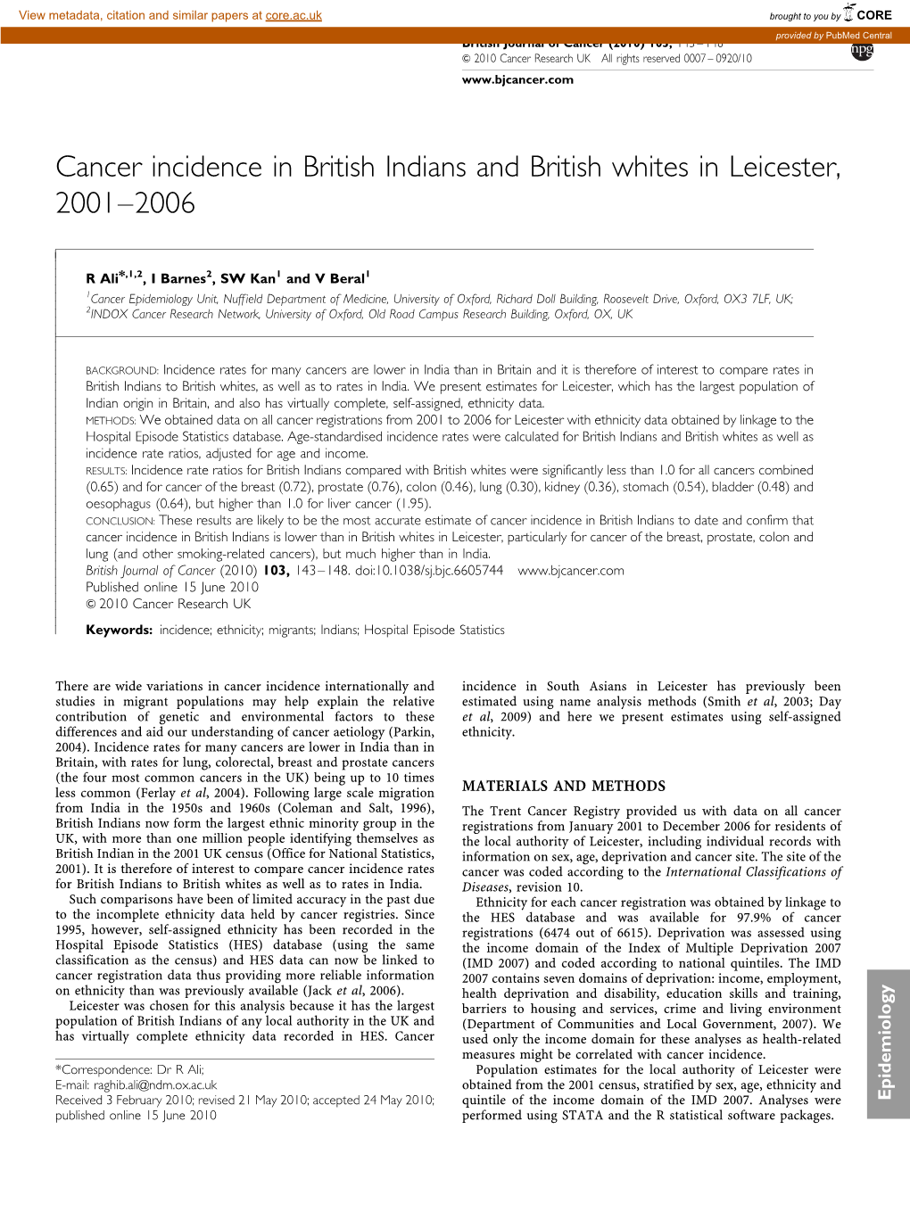 Cancer Incidence in British Indians and British Whites in Leicester, 2001–2006