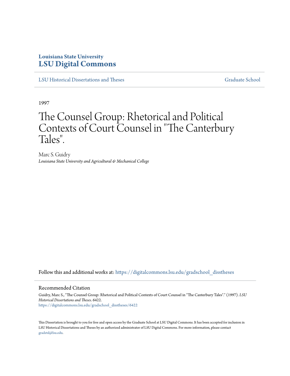 The Counsel Group: Rhetorical and Political Contexts of Court Counsel in the Canterbury Tales