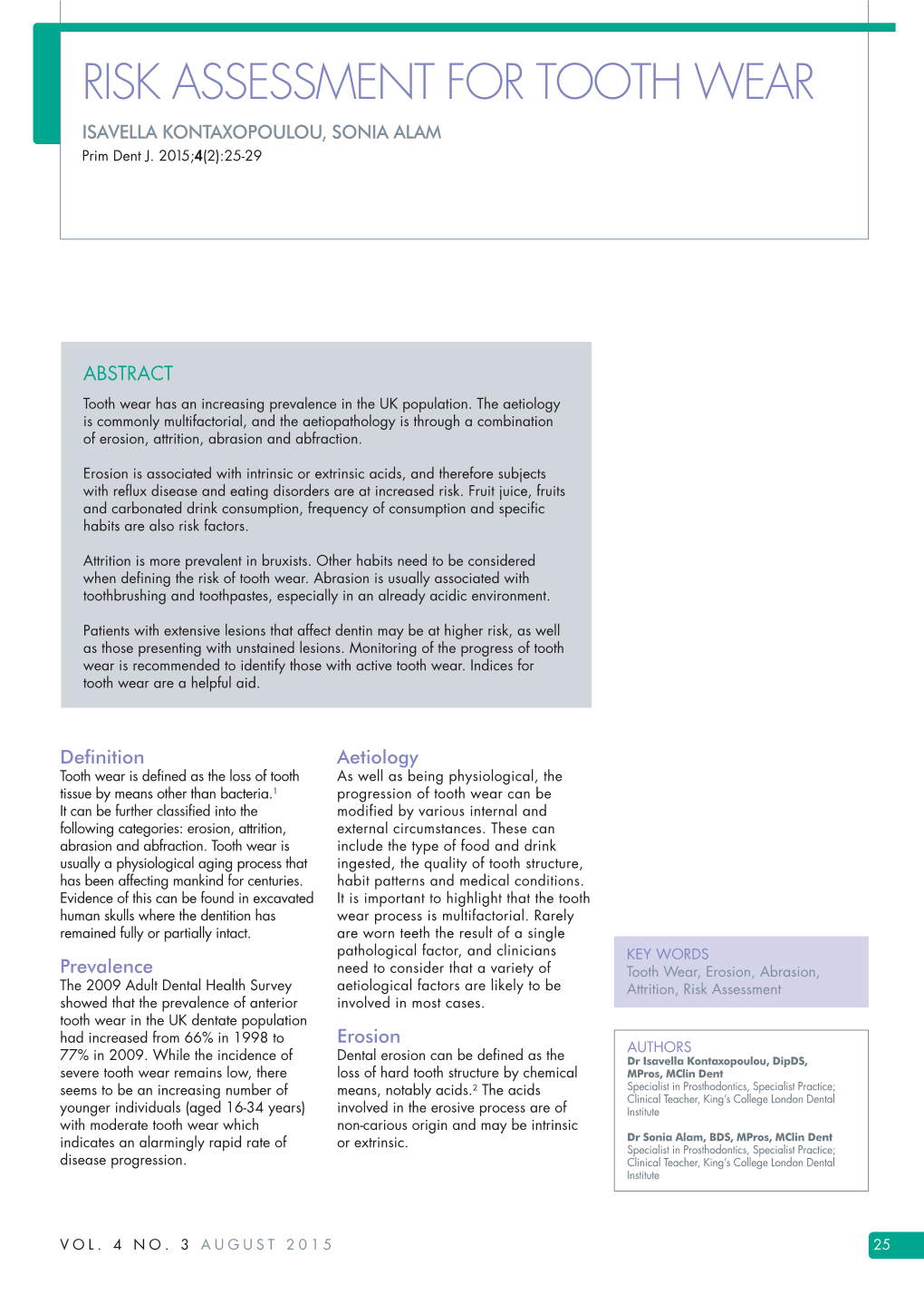 Risk Assessment for Tooth Wear