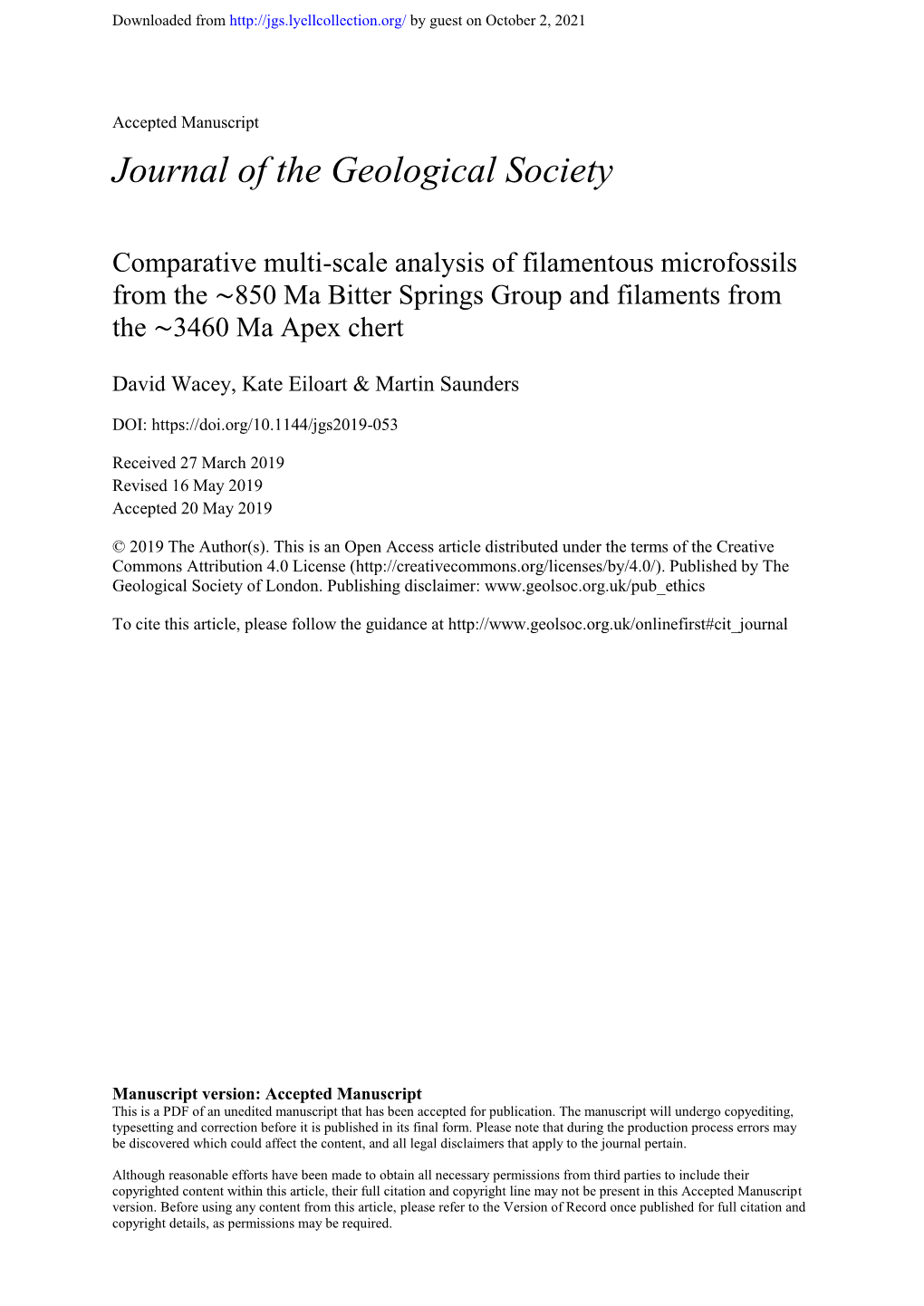 Comparative Multi-Scale Analysis of Filamentous Microfossils from the ∼850 Ma Bitter Springs Group and Filaments from the ∼3