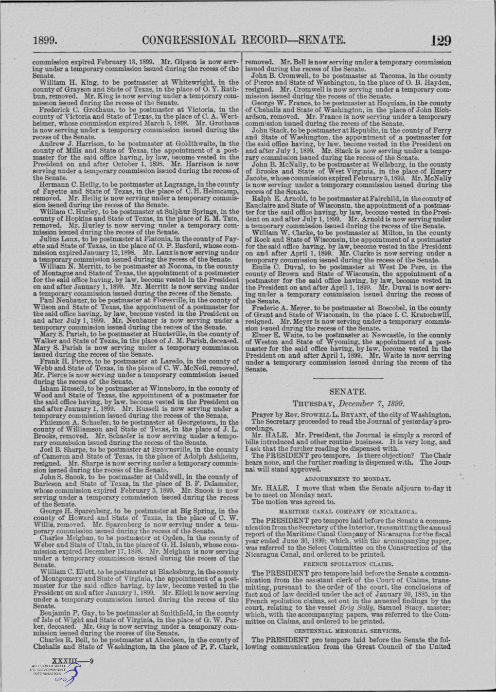1899. CONGRESSIONAL RECORD-SEN.ATE. 129 Commission Expired February 13, 1899