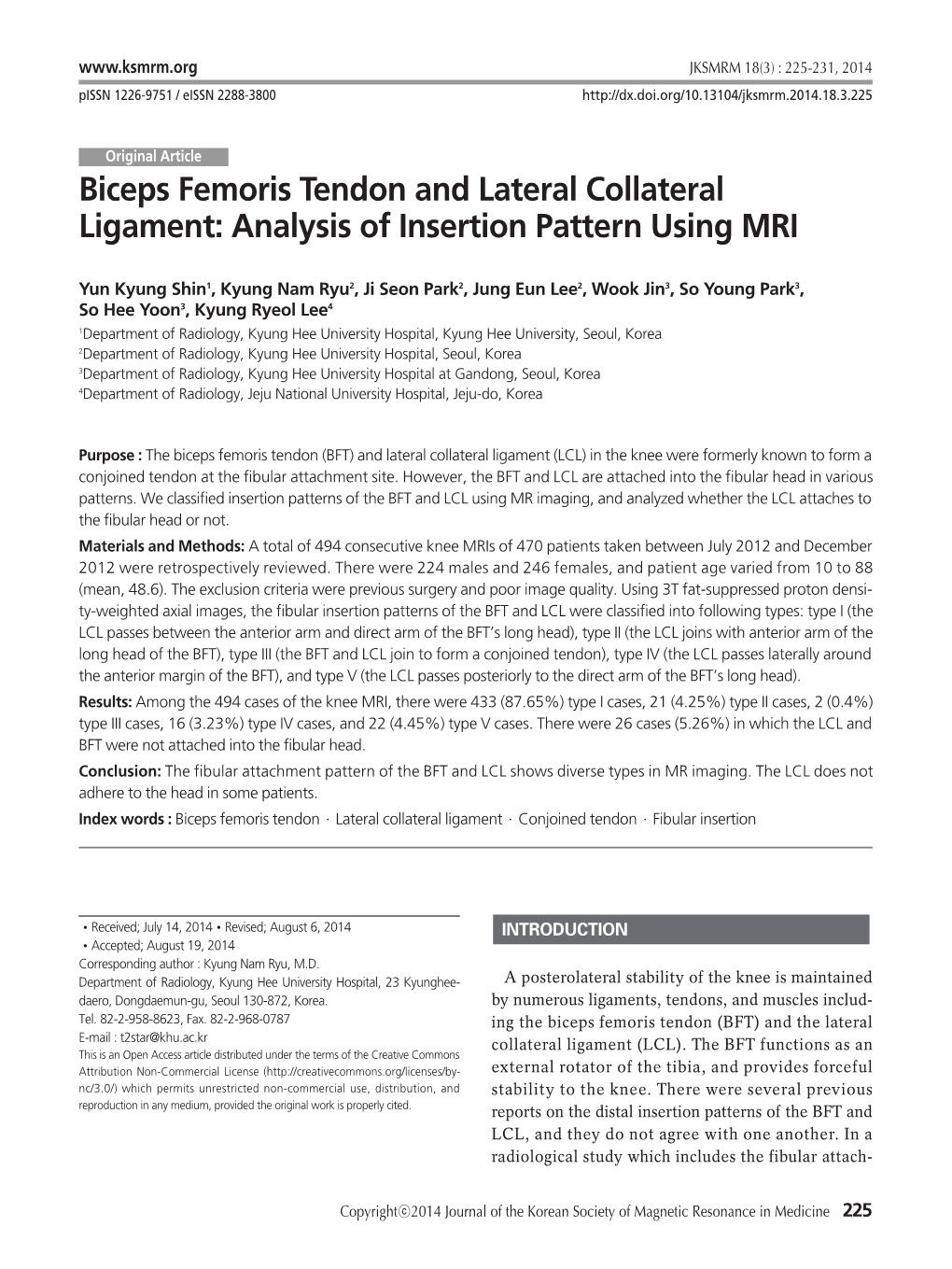 Biceps Femoris Tendon and Lateral Collateral Ligament: Analysis of Insertion Pattern Using MRI