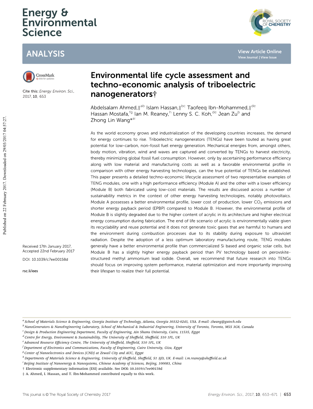 Environmental Life Cycle Assessment and Techno-Economic Analysis of Triboelectric Cite This: Energy Environ