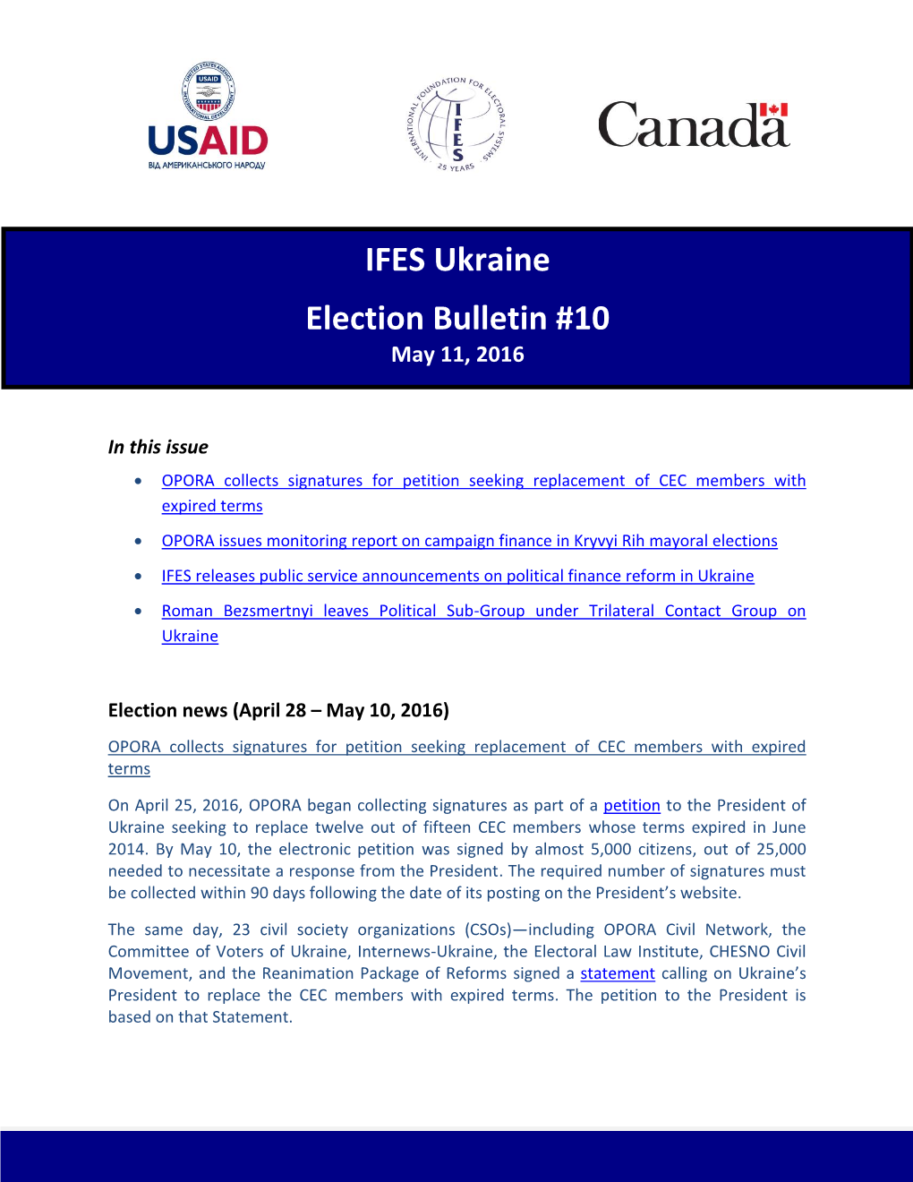 IFES Ukraine Election Bulletin #10 May 11, 2016