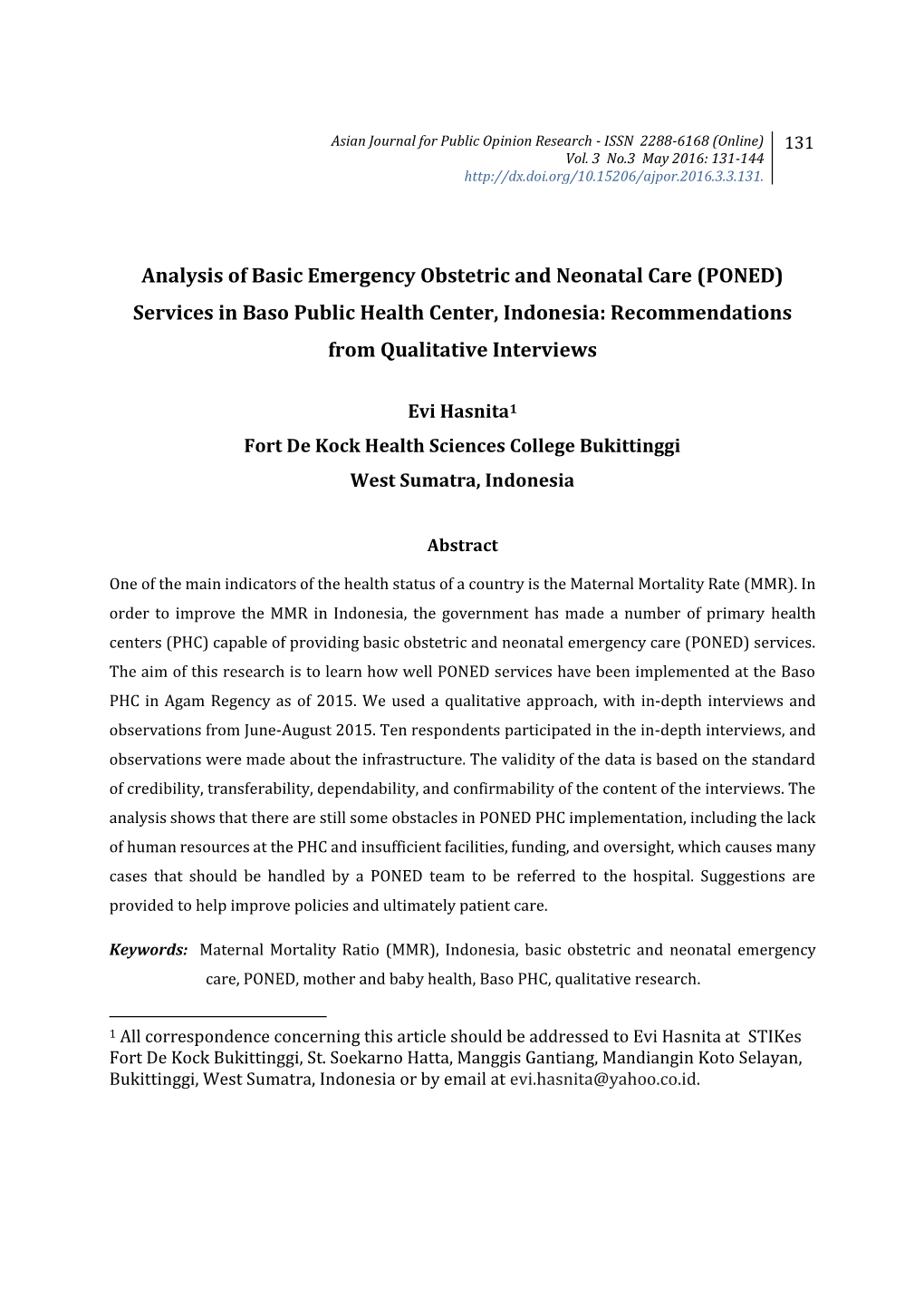 Analysis of Basic Emergency Obstetric and Neonatal Care (PONED) Services in Baso Public Health Center, Indonesia: Recommendations from Qualitative Interviews