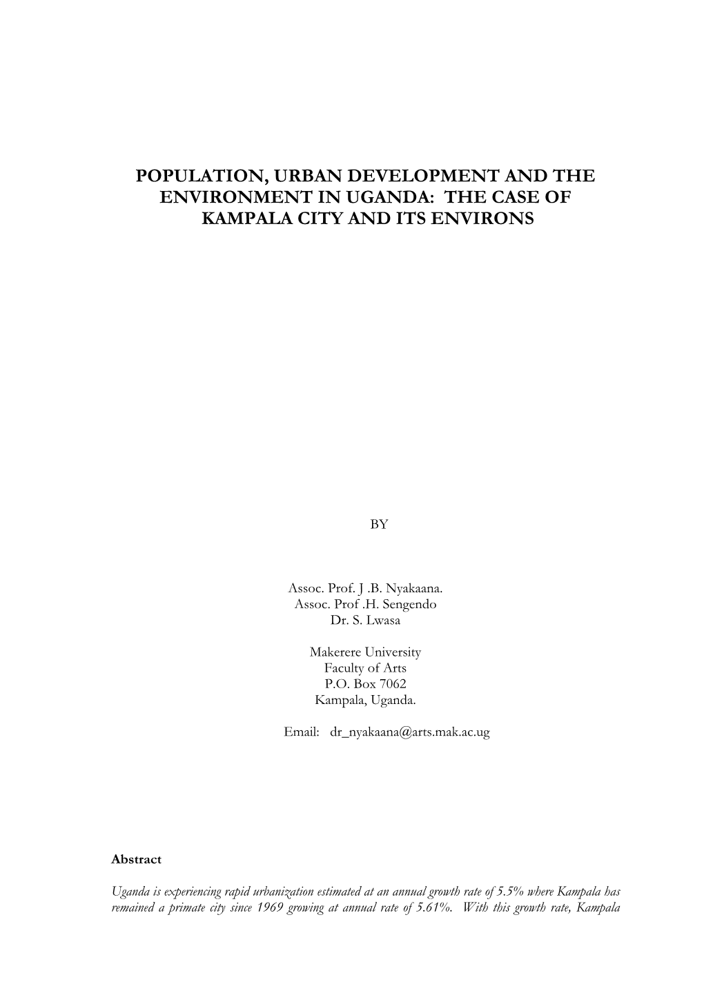 Population, Urban Development and the Environment in Uganda: the Case of Kampala City and Its Environs