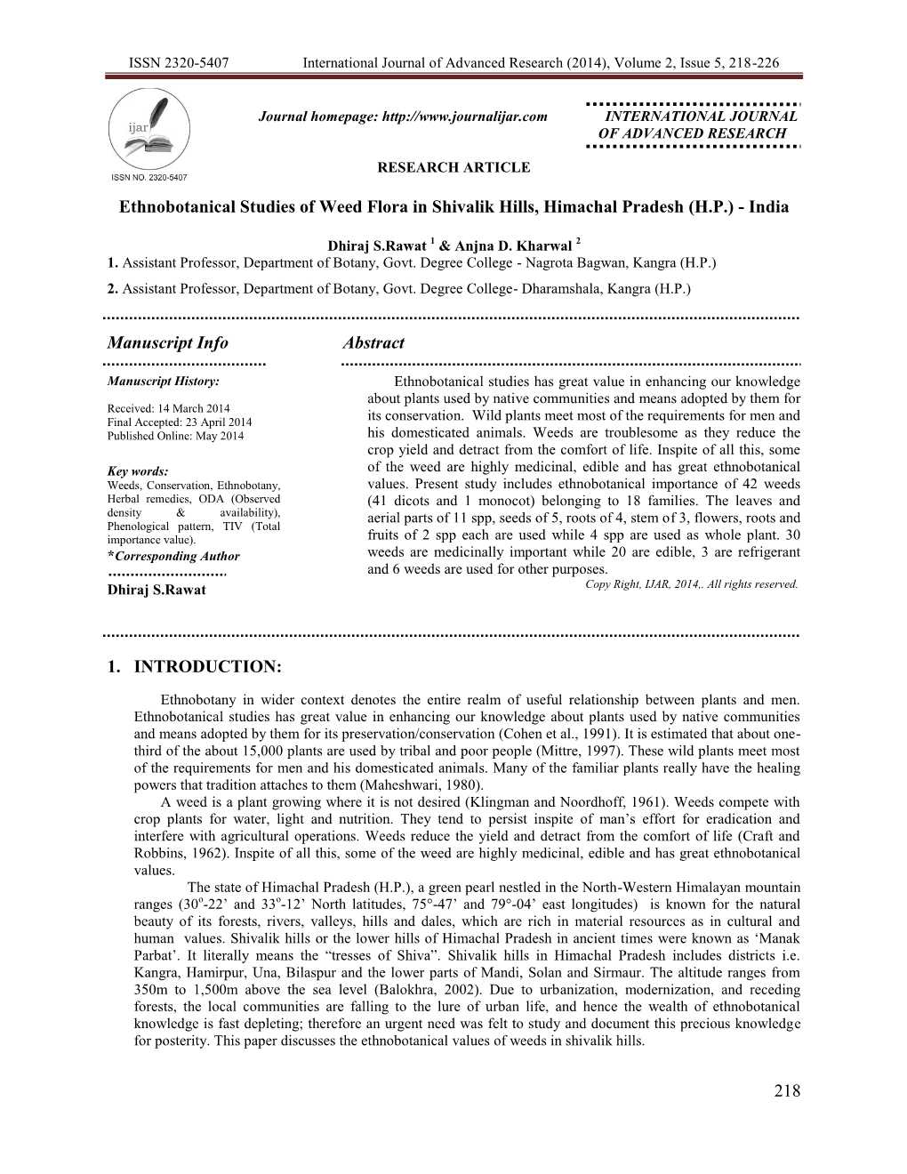 ISSN 2320-5407 International Journal of Advanced Research (2014), Volume 2, Issue 5, 218-226