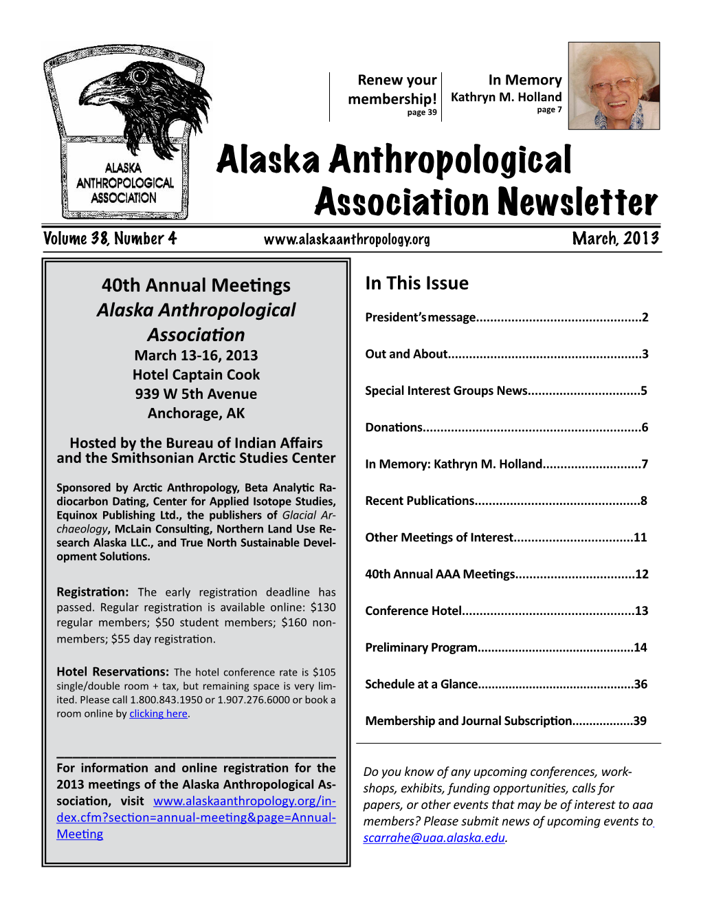 Alaska Anthropological Association Newsletter Volume 38, Number 4 March, 2013