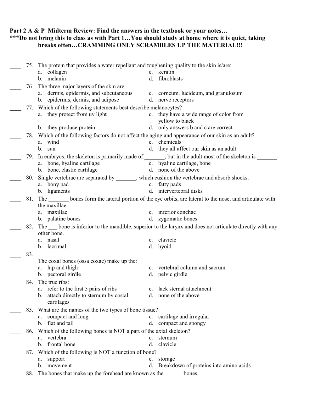 Part 2 a & P Midterm Review: Find the Answers in the Textbook Or Your Notes