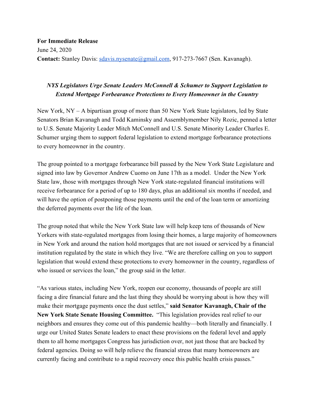 For Immediate Release June 24, 2020 Contact: Stanley Davis: Sdavis.Nysenate@Gmail.Com, 917-273-7667 (Sen