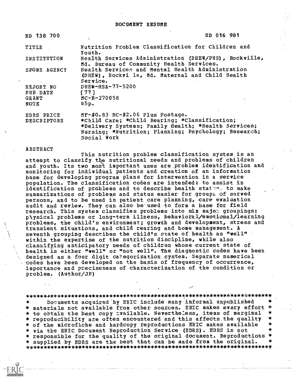 Attempt to Classify Tke Nutritional Needs and Problems of Children and Youth