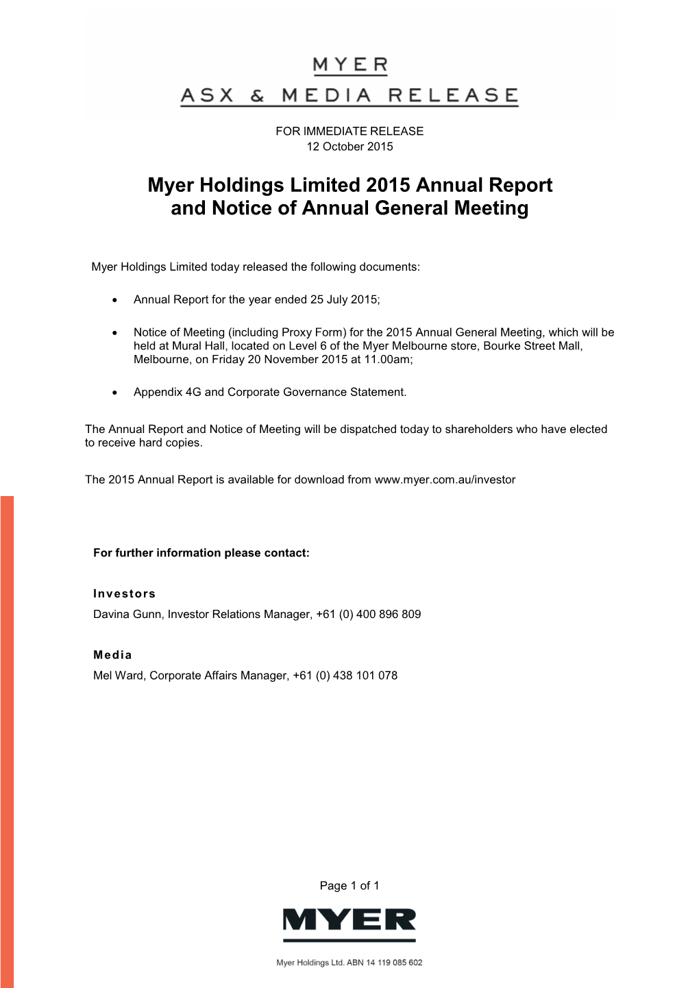 Myer Holdings Limited 2015 Annual Report and Notice of Annual General Meeting