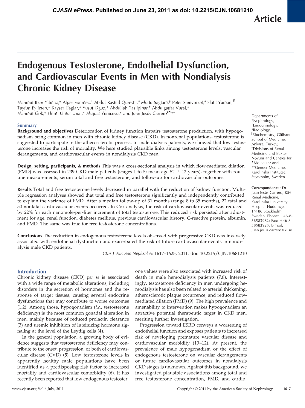 Endogenous Testosterone, Endothelial Dysfunction, and Cardiovascular Events in Men with Nondialysis Chronic Kidney Disease