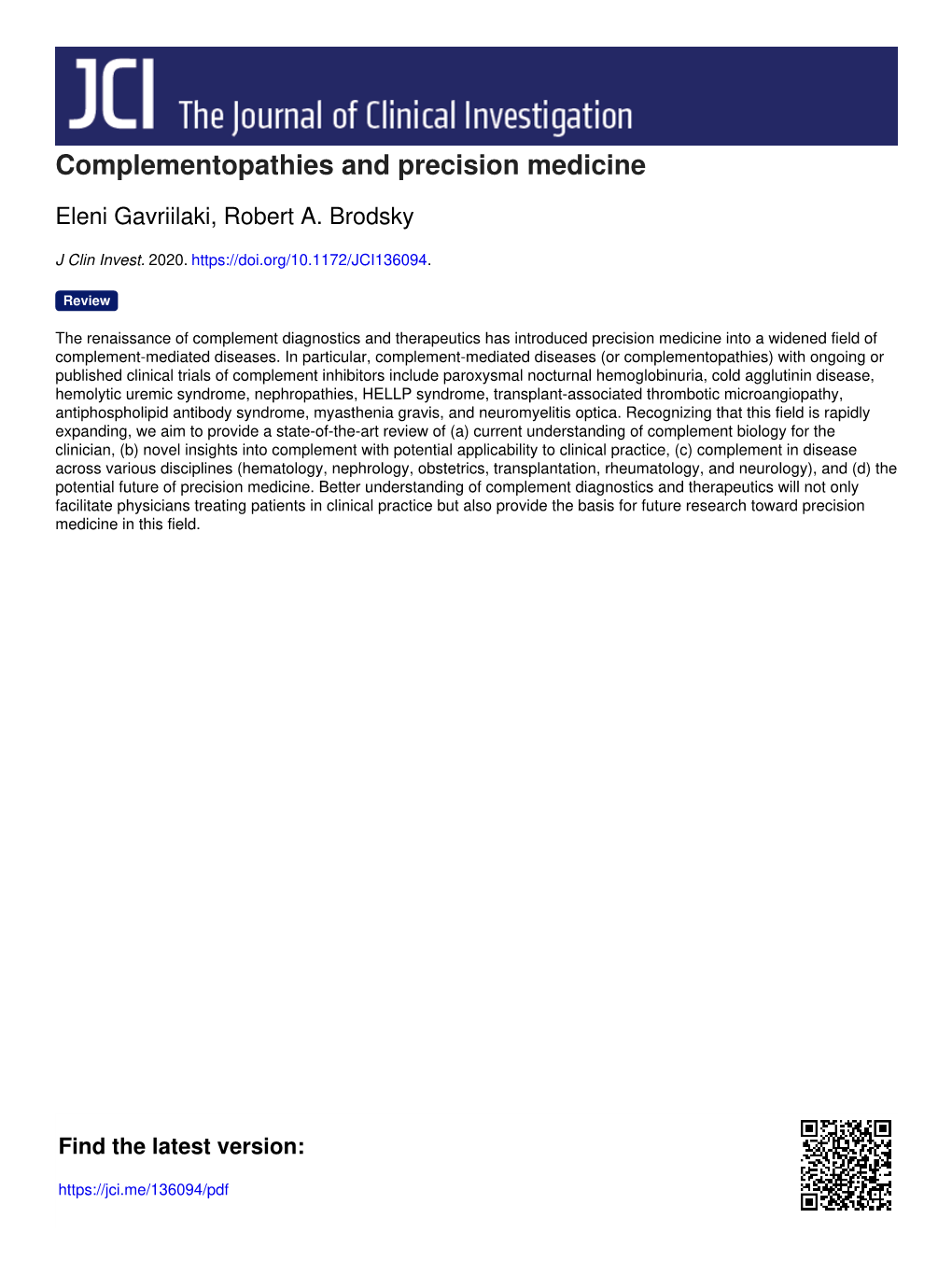 Complementopathies and Precision Medicine