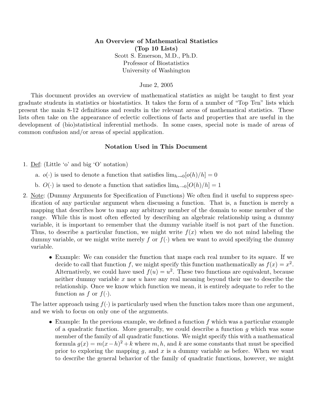 An Overview of Mathematical Statistics (Top 10 Lists) Scott S. Emerson, M.D., Ph.D