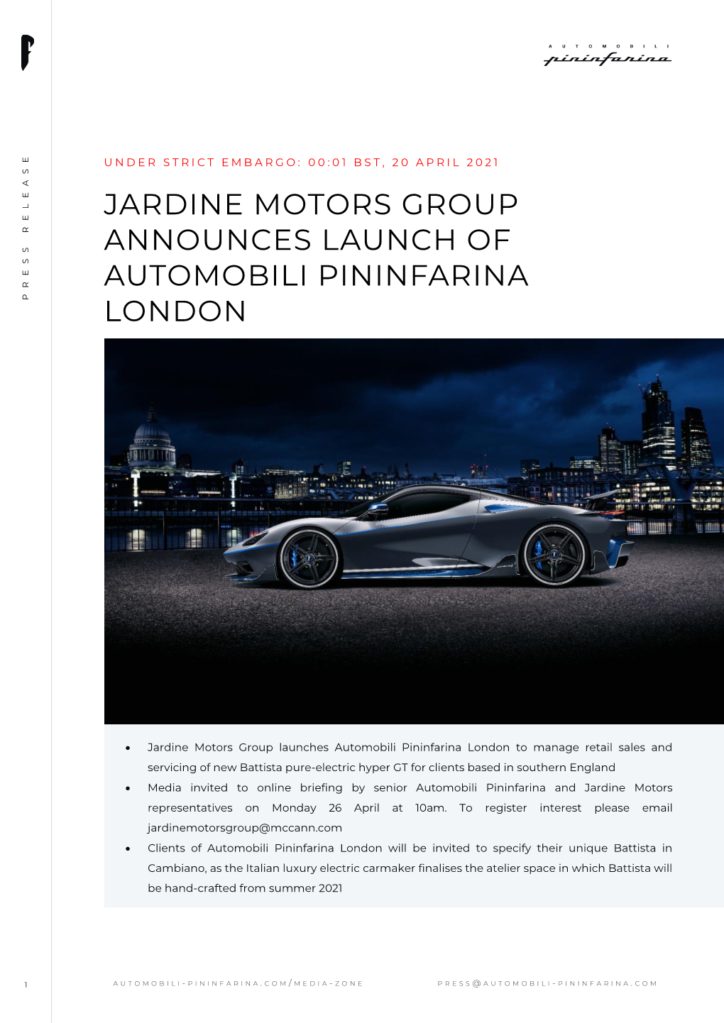 Jardine Motors Group Announces Launch of Automobili Pininfarina Press Release London