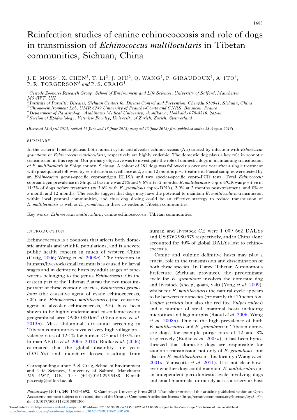 Reinfection Studies of Canine Echinococcosis and Role of Dogs in Transmission of Echinococcus Multilocularis in Tibetan Communities, Sichuan, China