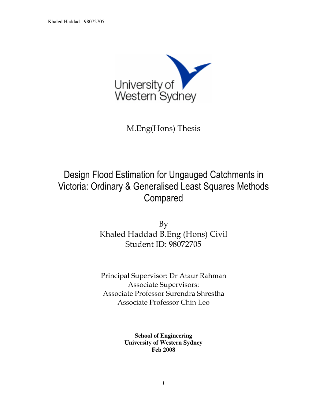 Design Flood Estimation for Ungauged Catchments in Victoria: Ordinary & Generalised Least Squares Methods Compared