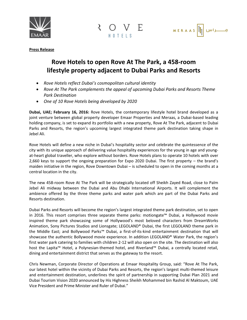 Rove Hotels to Open Rove at the Park, a 458-Room Lifestyle Property Adjacent to Dubai Parks and Resorts