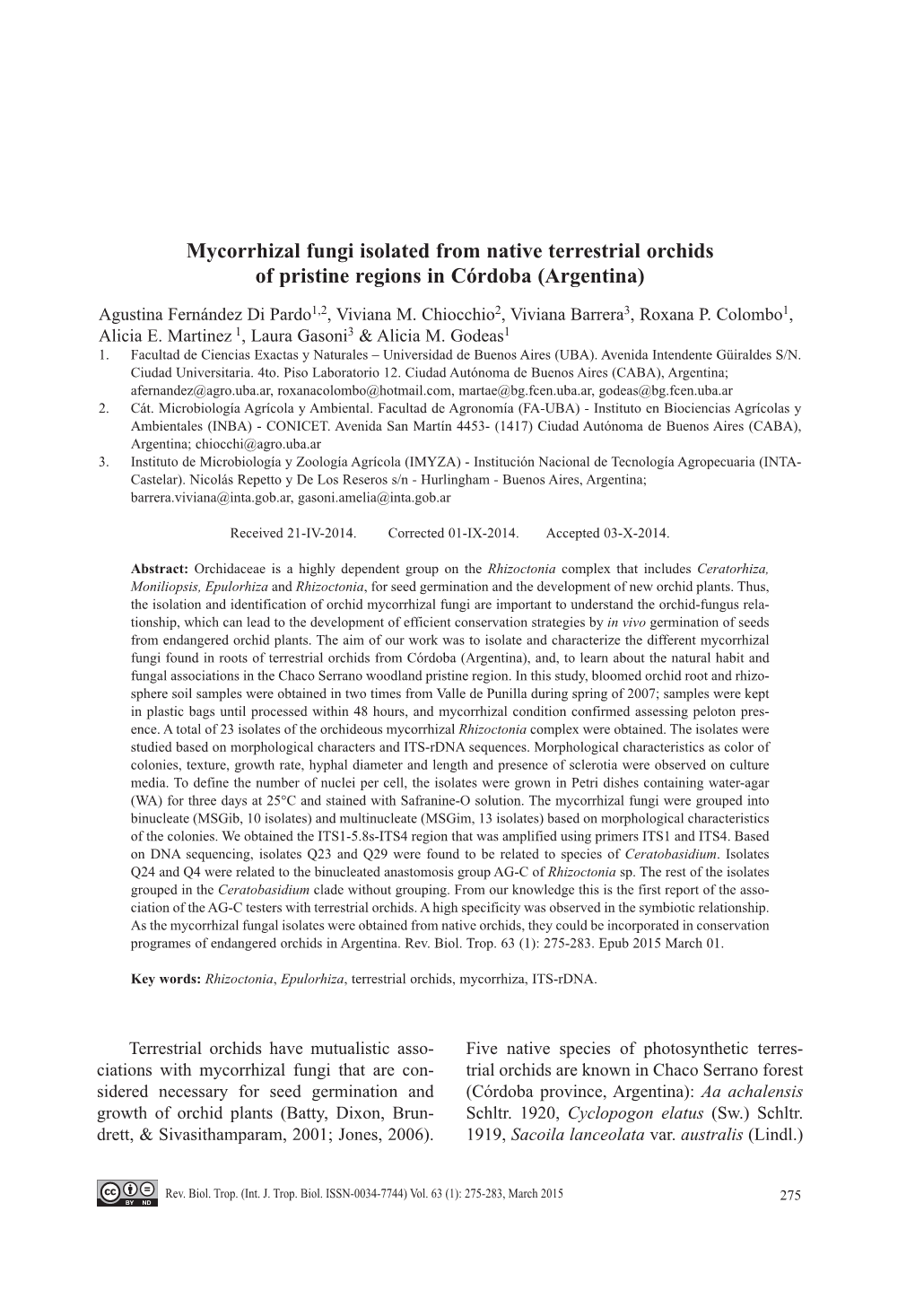 Mycorrhizal Fungi Isolated from Native Terrestrial Orchids of Pristine Regions in Córdoba (Argentina)