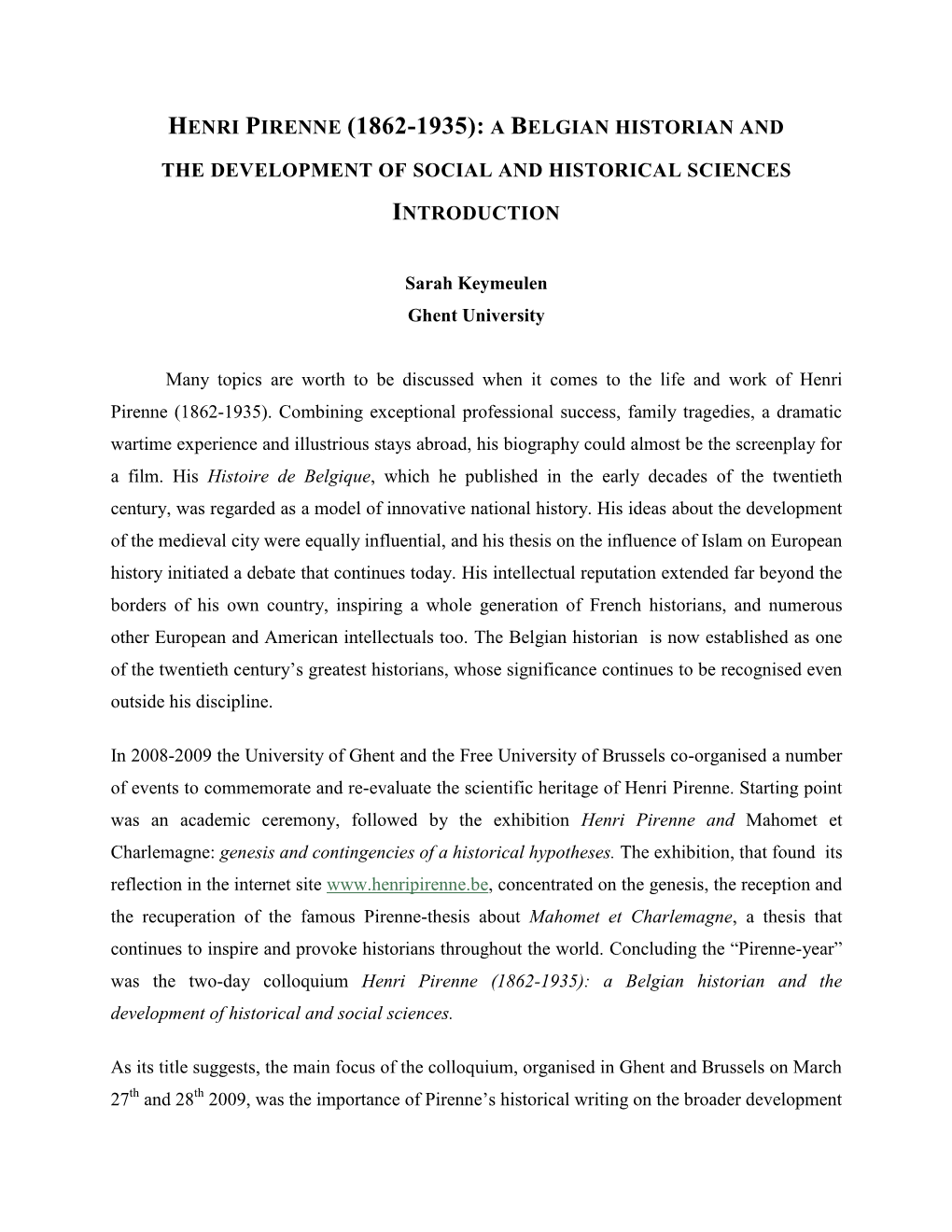 Henri Pirenne (1862-1935): a Belgian Historian and the Development of Historical and Social Sciences