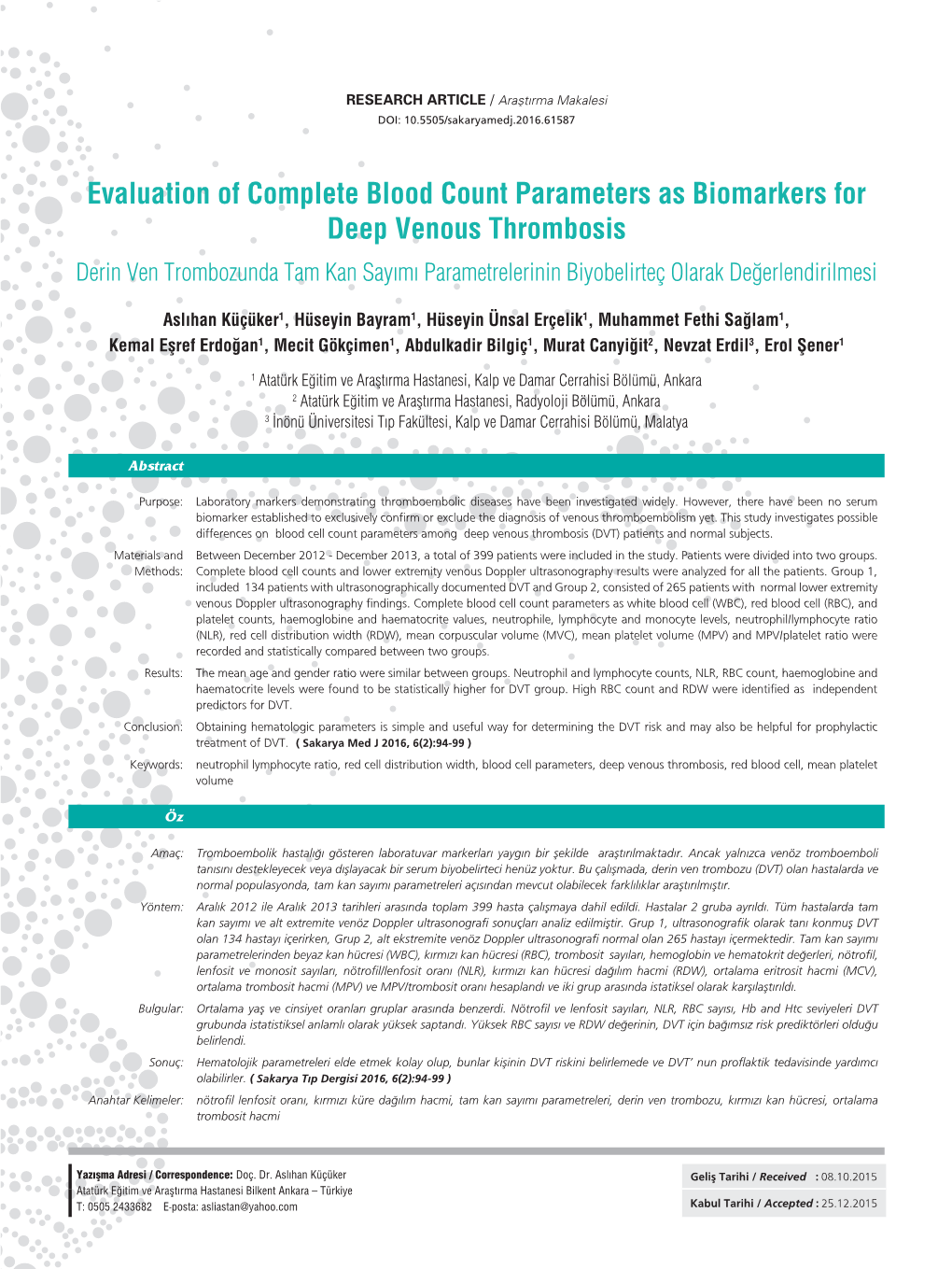 Evaluation of Complete Blood Count Parameters As Biomarkers for Deep