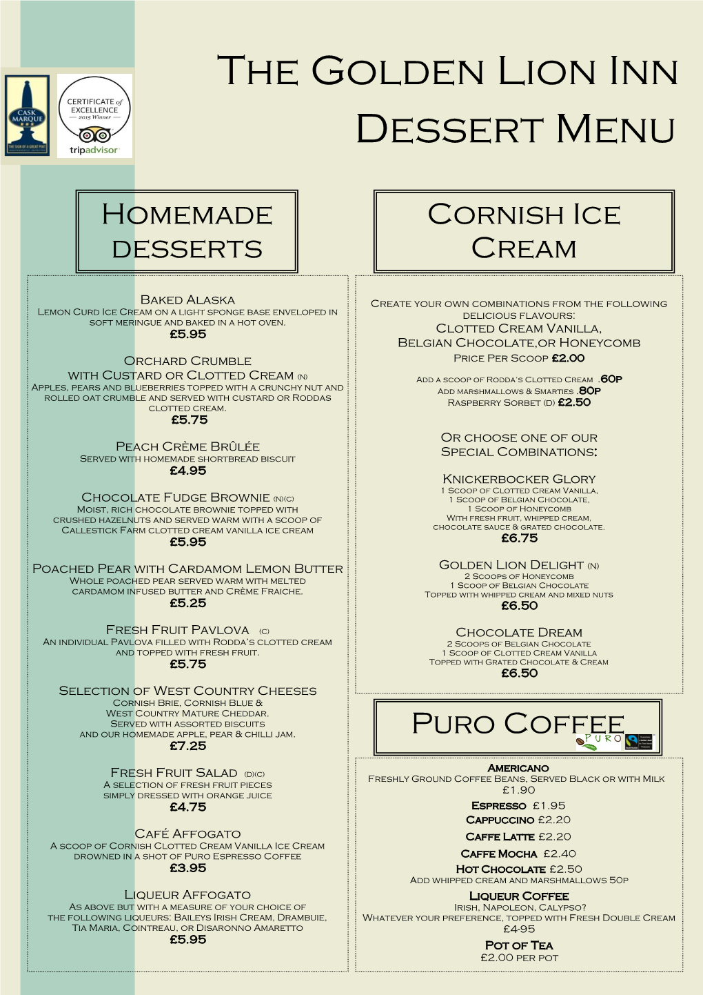 The Golden Lion Inn Dessert Menu