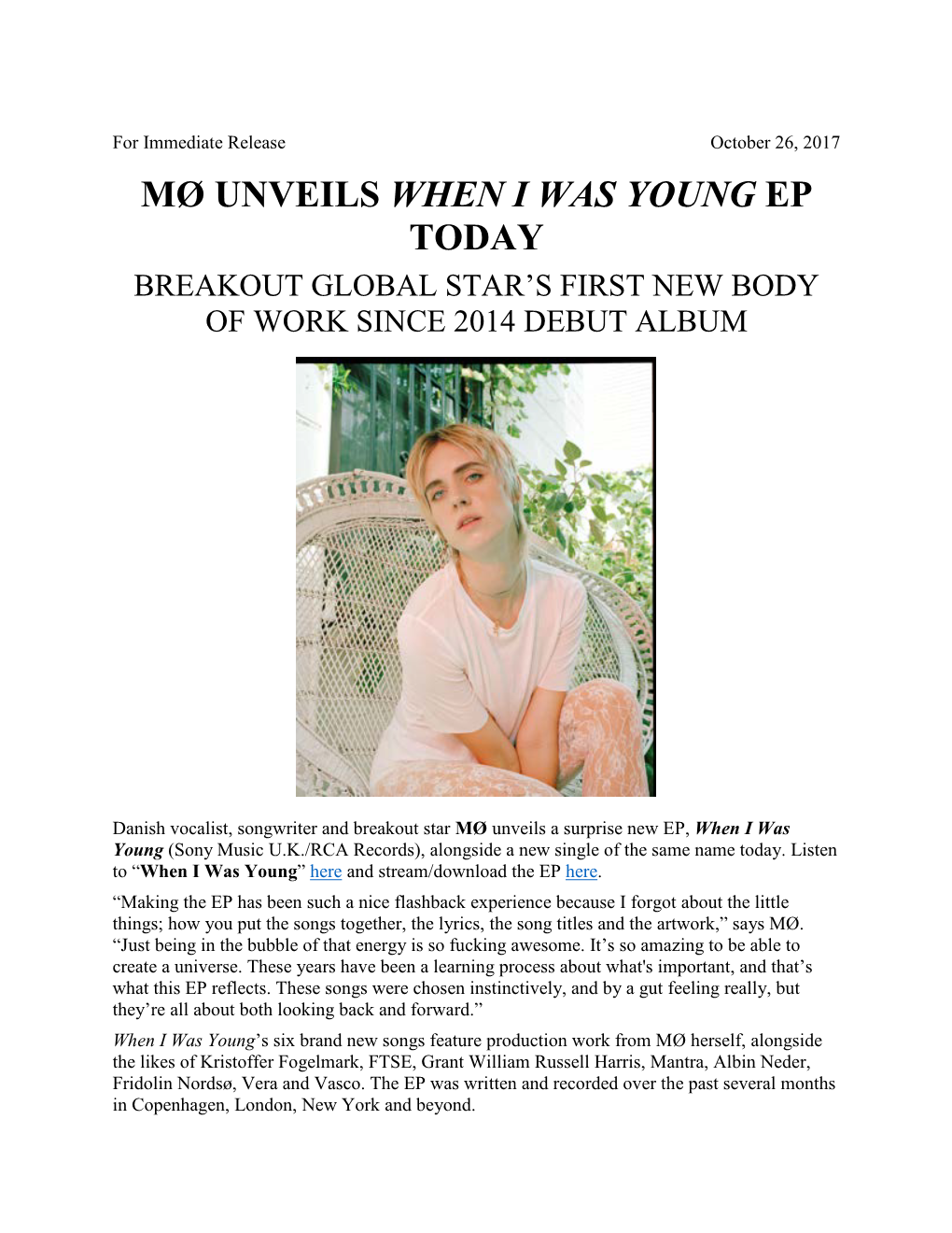 Mø Unveils When I Was Young Ep Today Breakout Global Star’S First New Body of Work Since 2014 Debut Album