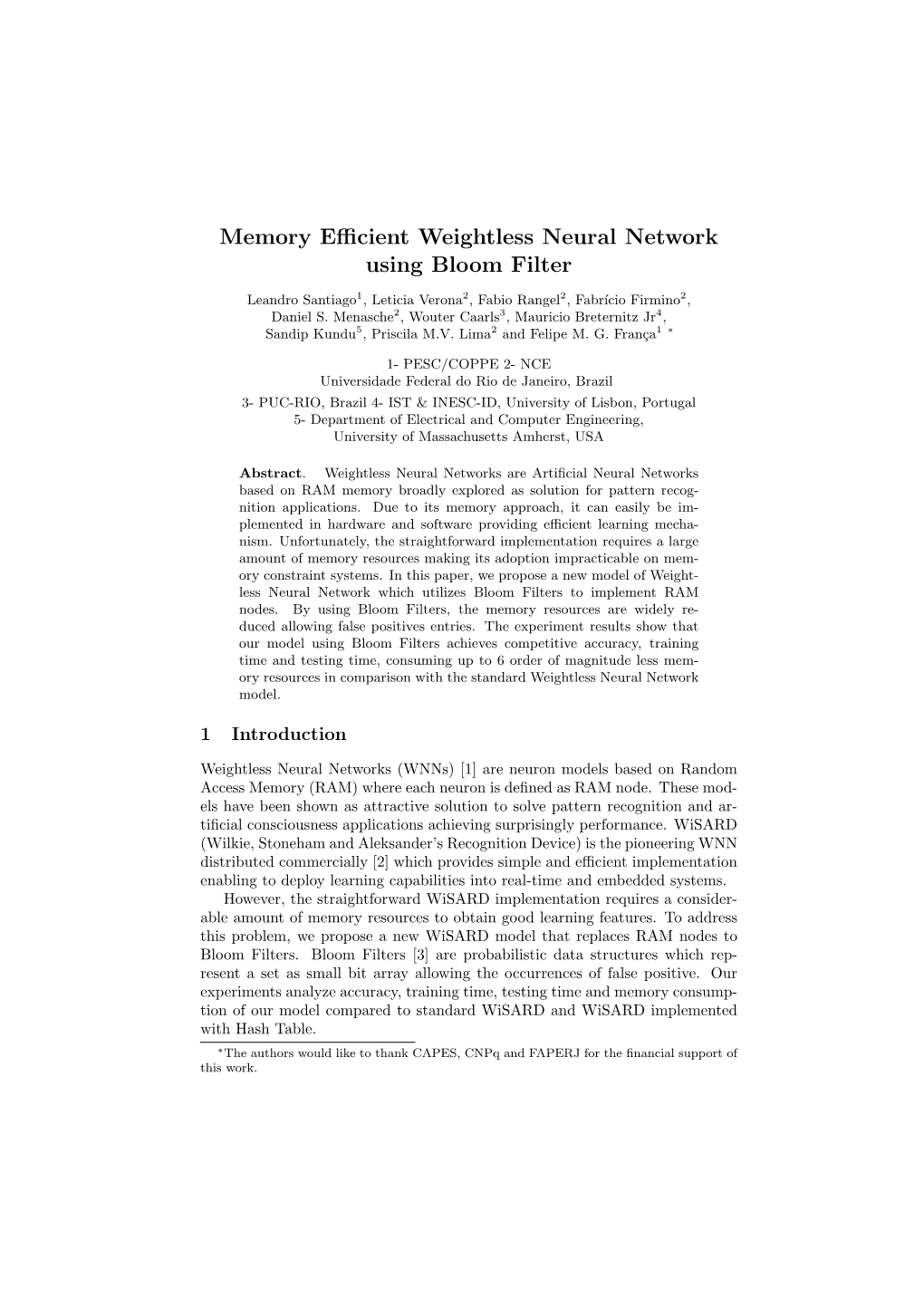 Memory Efficient Weightless Neural Network Using Bloom Filter