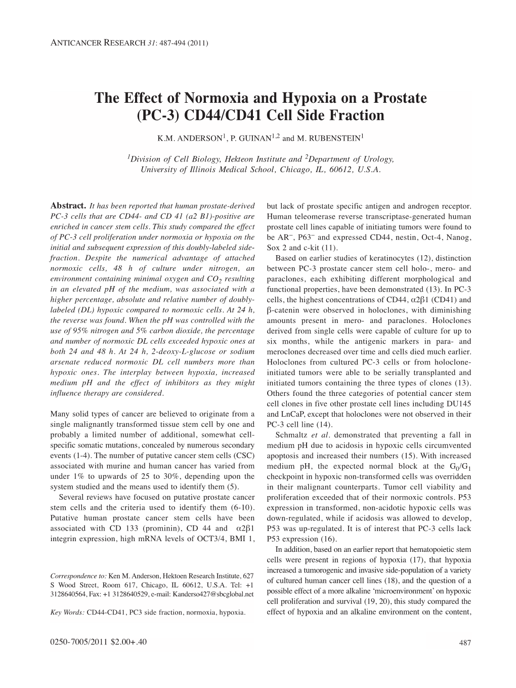 The Effect of Normoxia and Hypoxia on a Prostate (PC-3) CD44/CD41 Cell Side Fraction