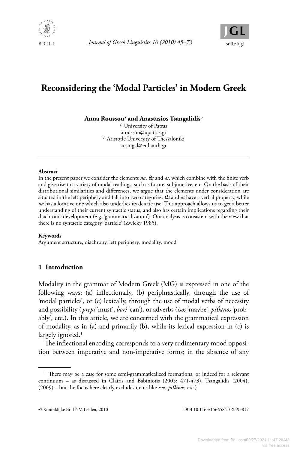 Reconsidering the 'Modal Particles' in Modern Greek