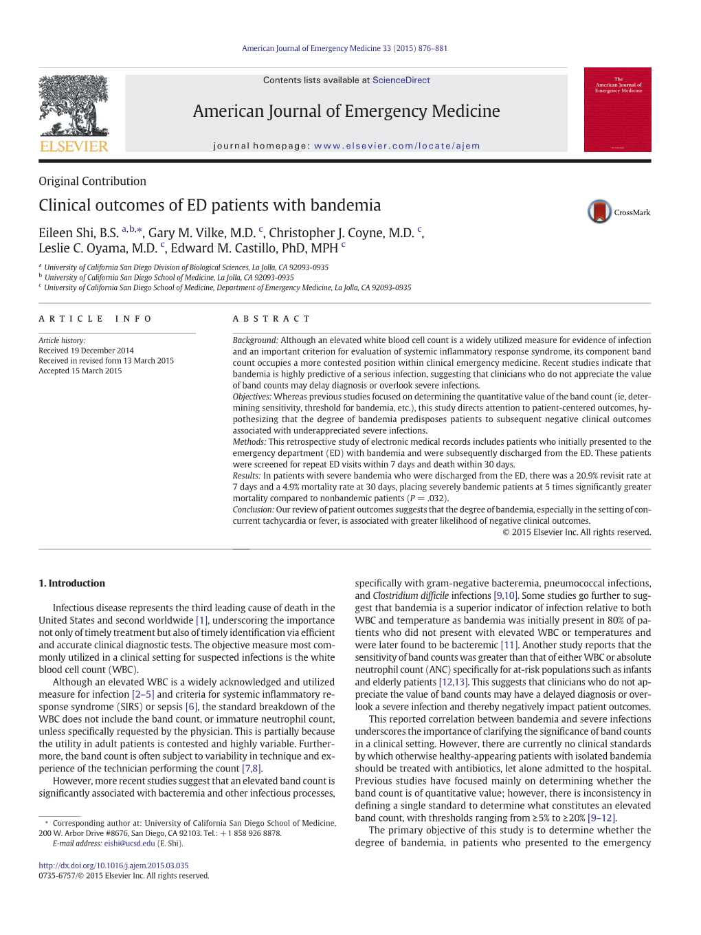 Clinical Outcomes of ED Patients with Bandemia